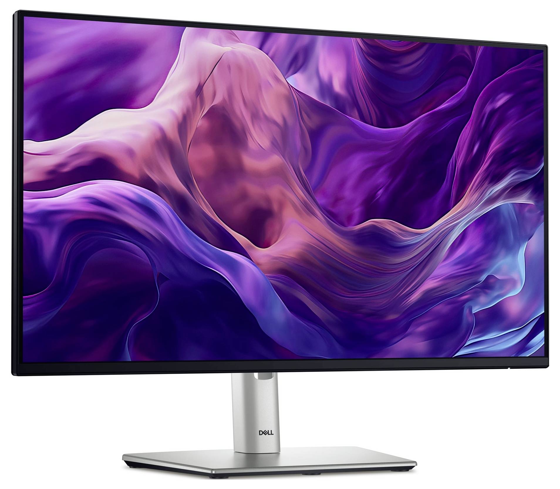 Moniteur Dell avec un arrière-plan abstrait et coloré en violet et rose.