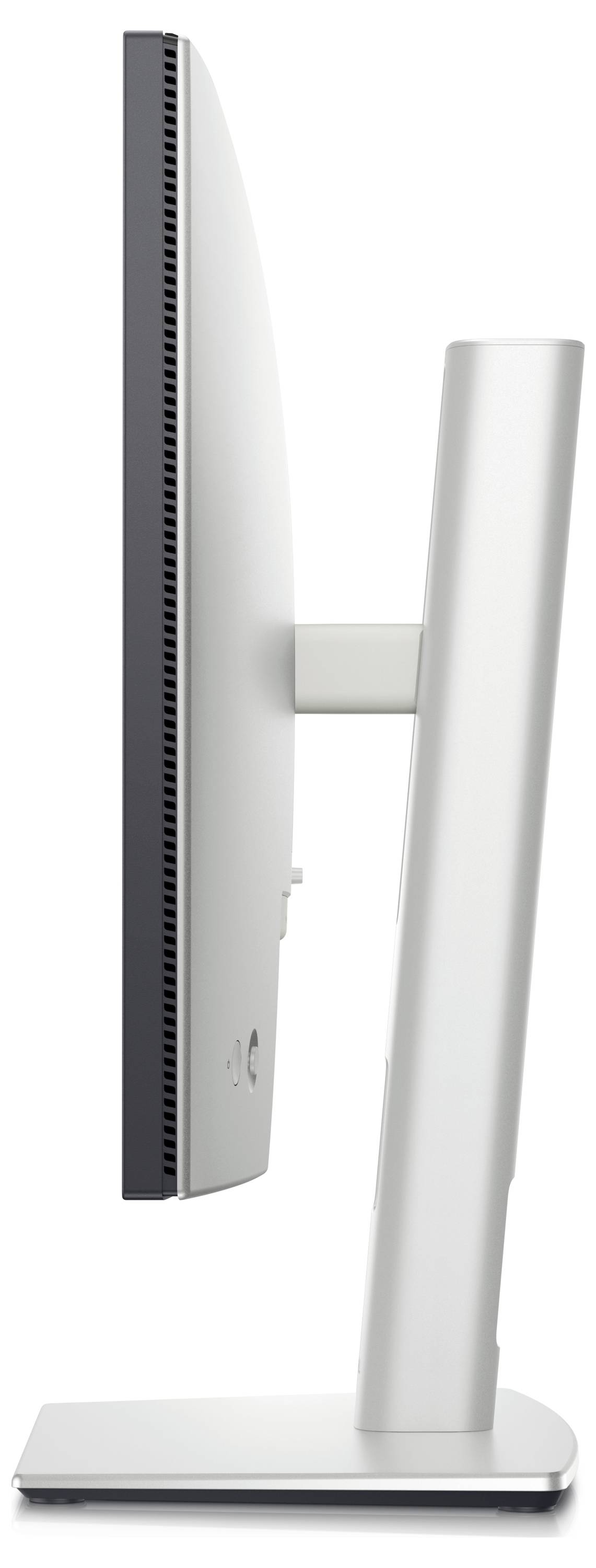 Vue latérale d'un écran d'ordinateur moderne au design élancé, posé sur un socle rectangulaire.