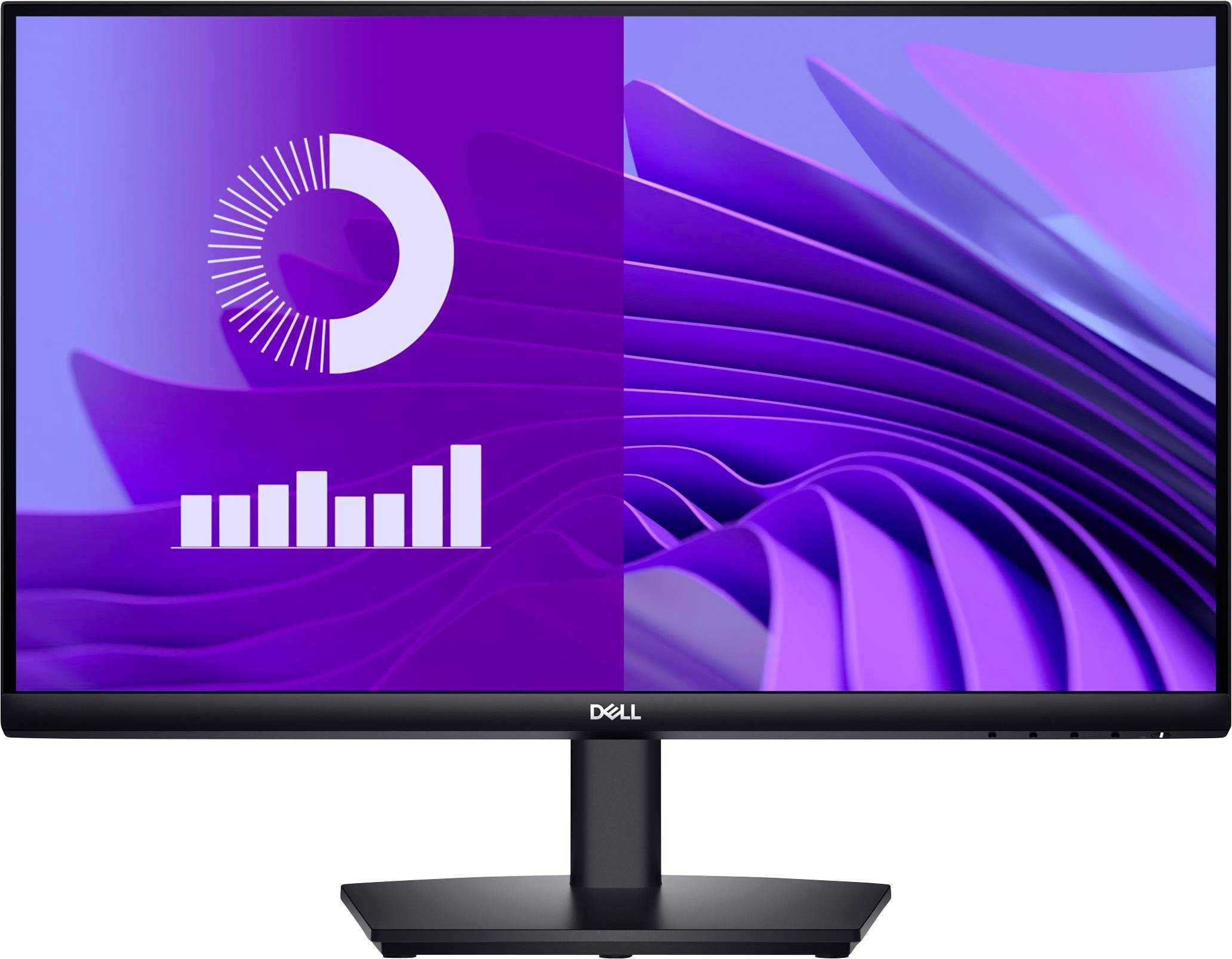 Un moniteur d'ordinateur affiche un design graphique violet avec un diagramme et un graphique circulaire, suggérant une analyse visuelle de données.