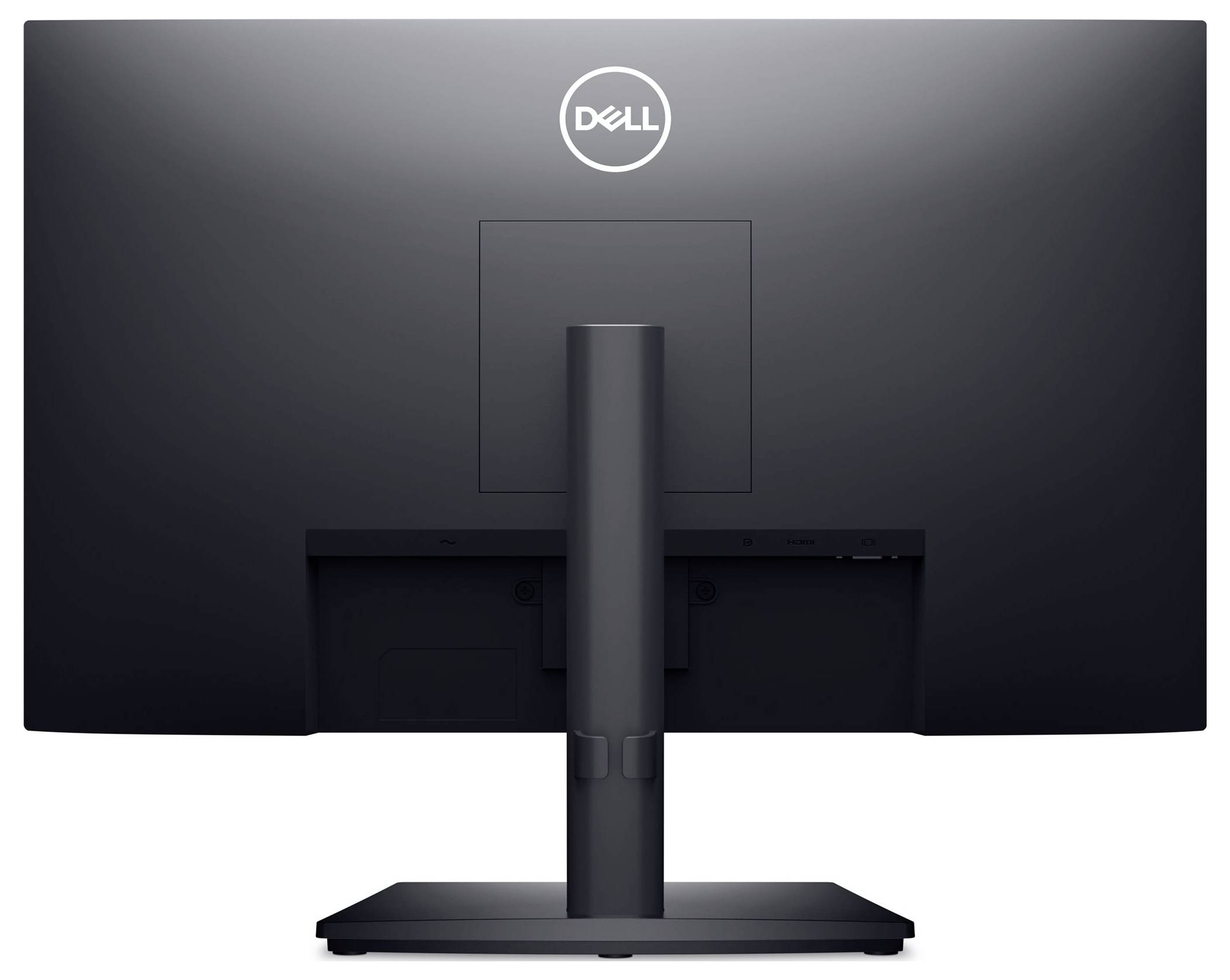 Un moniteur Dell noir vu de dos, avec le logo centré en haut. L'écran est monté sur un socle rectangulaire simple.