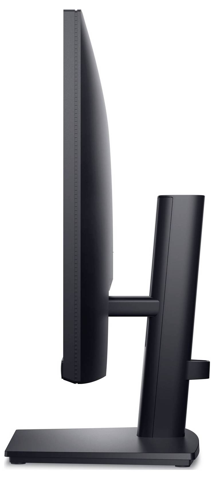 Vue latérale d'un écran d'ordinateur moderne et élégant posé sur un socle rectangulaire. L'écran est orienté vers la gauche.