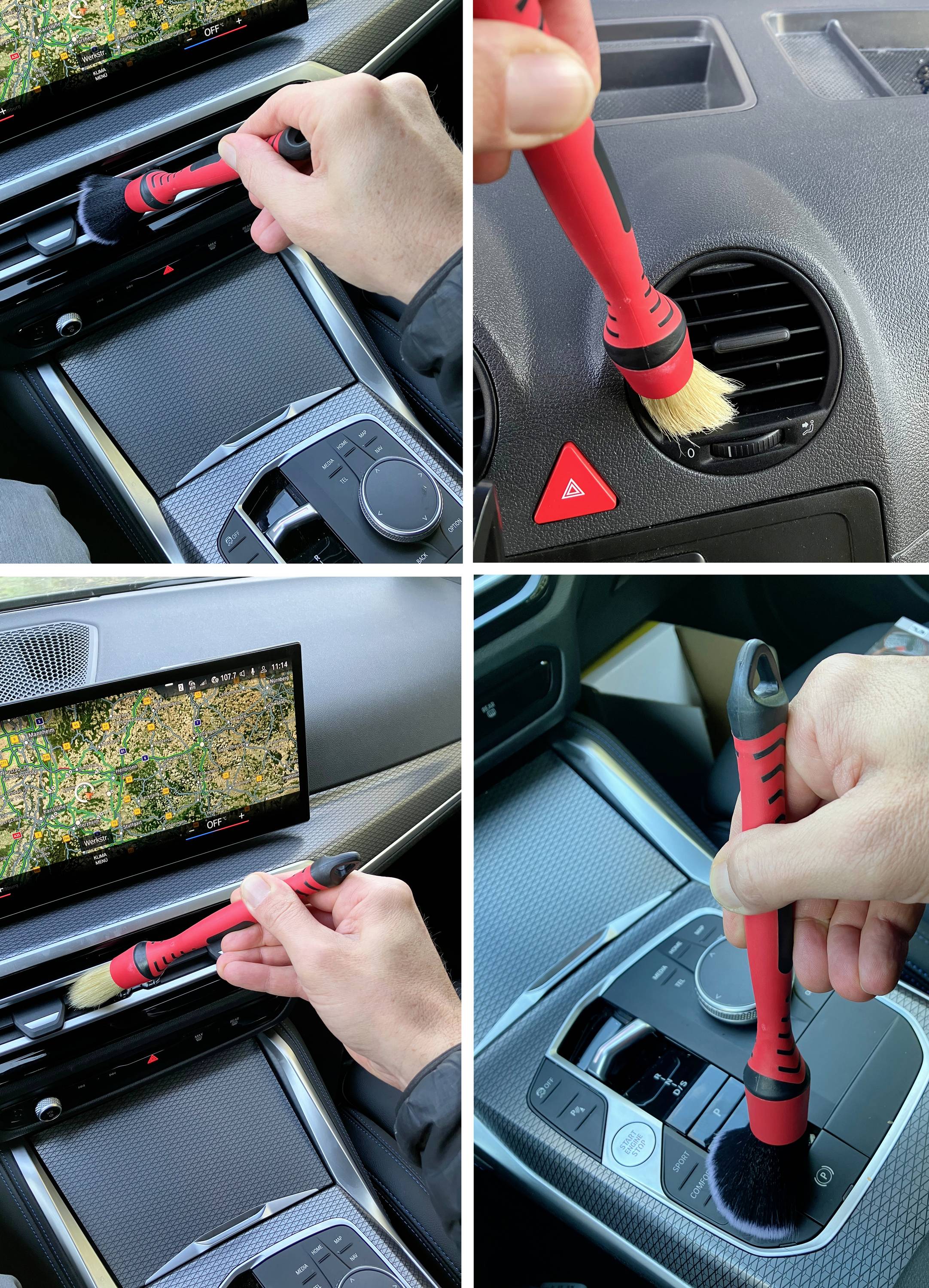 Une personne nettoie les grilles d'aération et les boutons dans la voiture à l'aide d'un pinceau. L'écran affiche un plan. Un travail de détail à l'intérieur du véhicule.