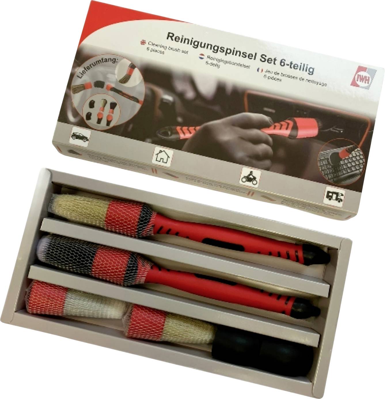 Ensemble de brosses de nettoyage 6 pièces avec différentes brosses, adapté à l'entretien des voitures et des vélos. L'emballage présente des exemples d'utilisation.