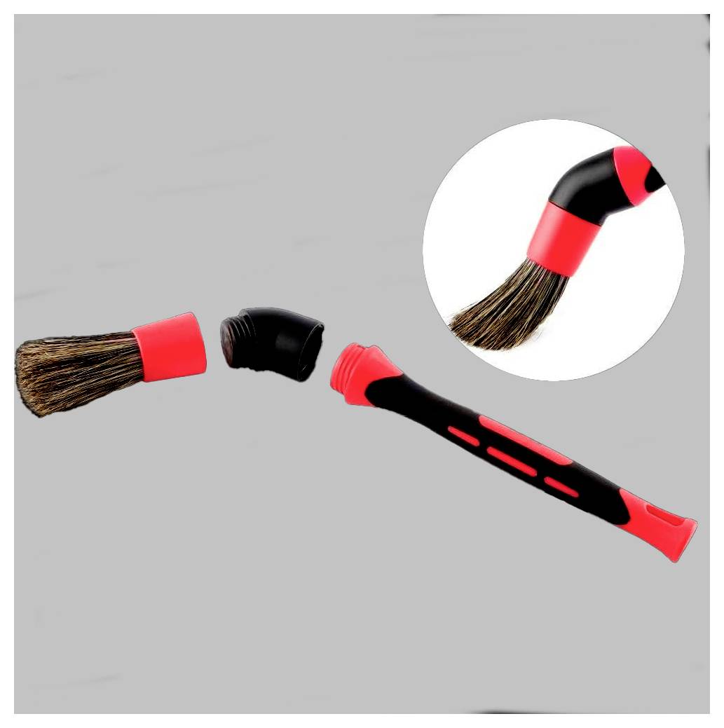 Tête de brosse de nettoyage amovible avec manche noir et accents rouges, mettant l'accent sur la tête de brosse interchangeable aux poils naturels.