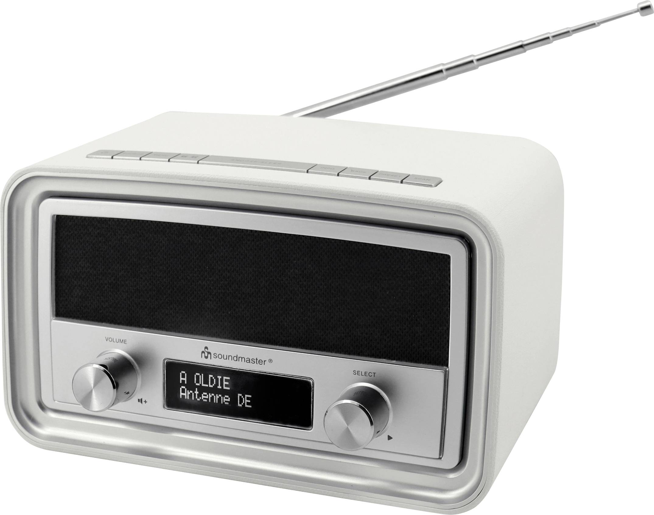 Une radio blanche au look rétro avec une antenne. Sur l'écran, il est inscrit « A OLDIE Antenne DE ». Deux boutons rotatifs sont visibles.