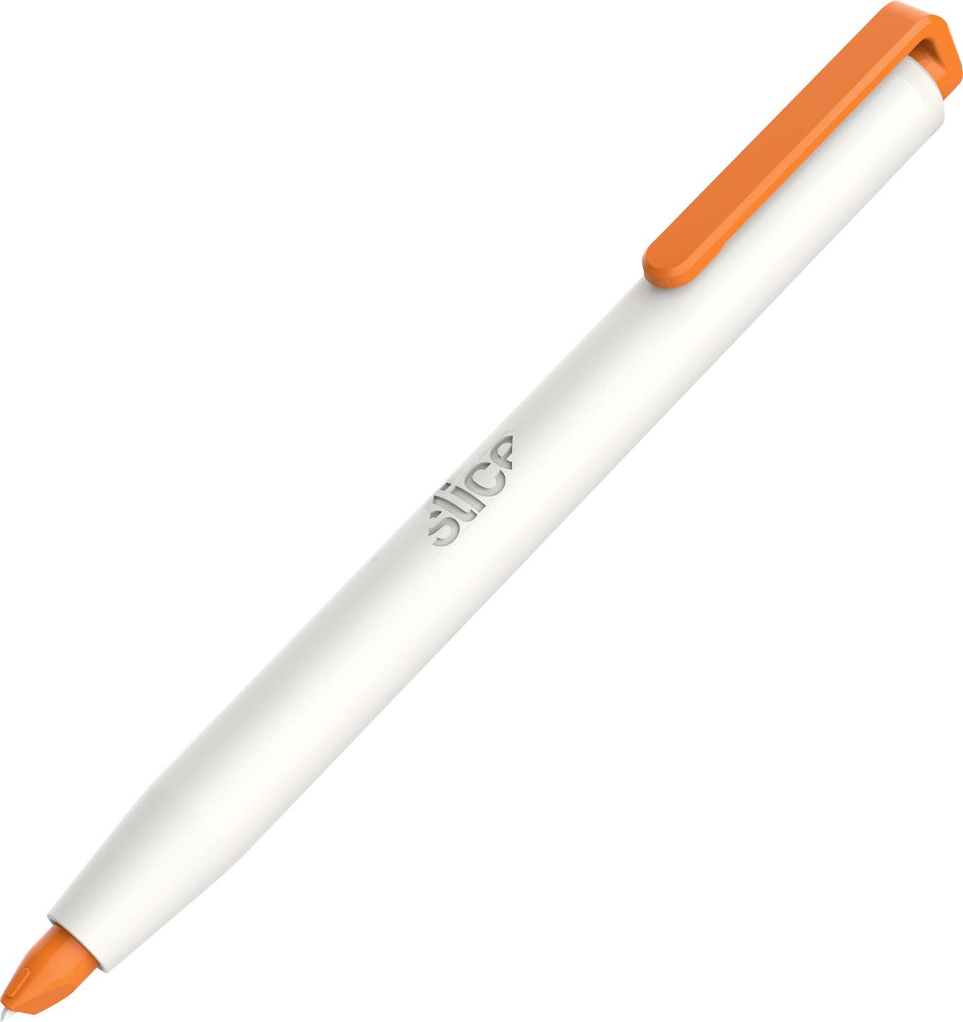 Stylo à bille avec corps blanc, capuchon orange et clip, logo 'slice' gravé.