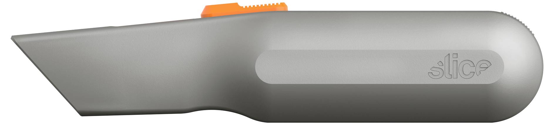 Couteau céramique 'Slice' aux bords arrondis et à glissière orange sur le dessus, conçu pour couper les cartons en toute sécurité.