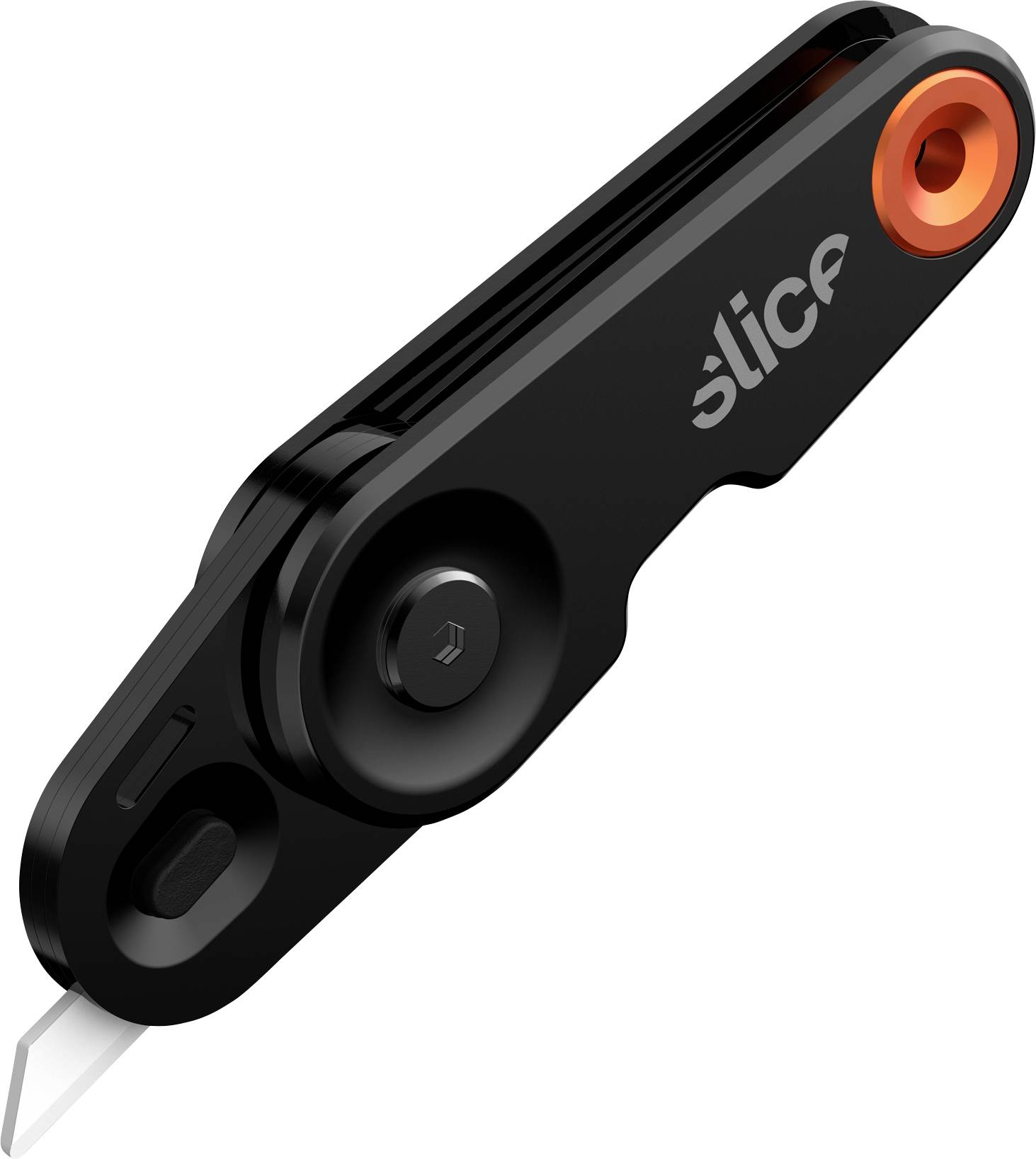 Couteau de sécurité noir ergonomique avec lame rétractable encadrée d'orange, adapté pour couper des cartons et des emballages.