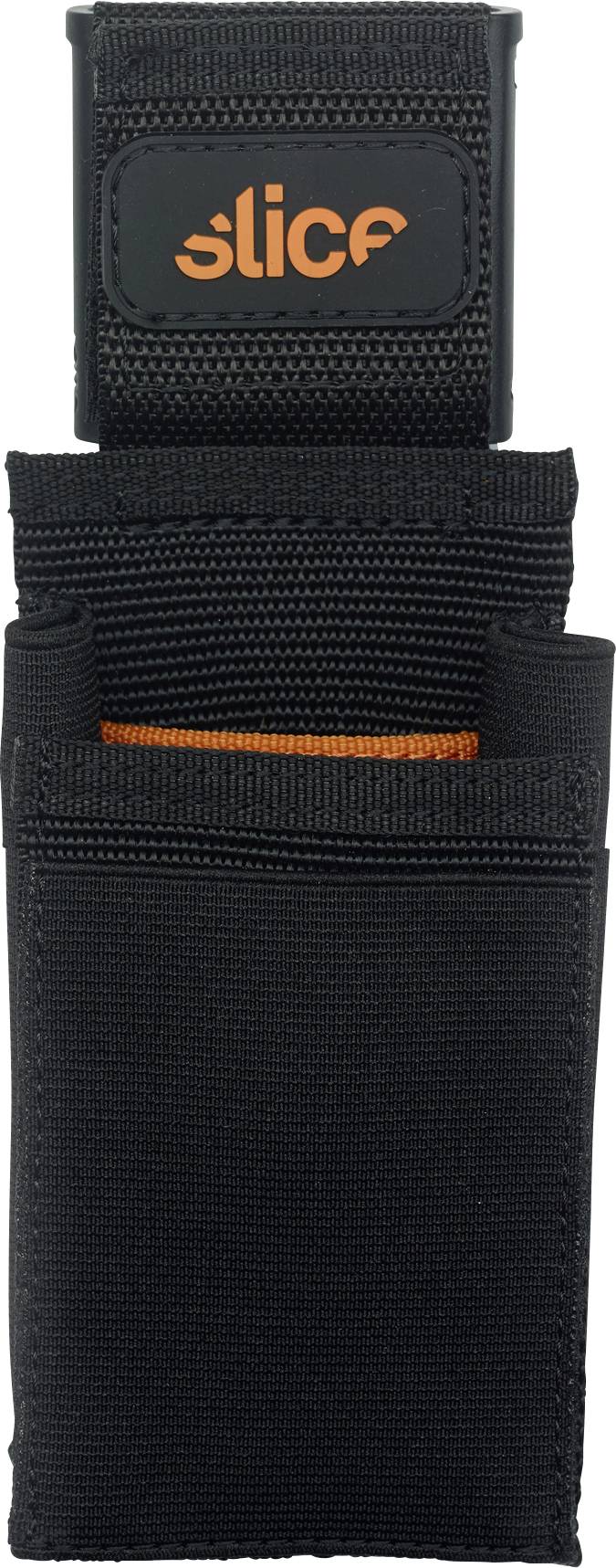 Étui noir avec inscription orange 'slice' sur une petite étagère en haut.