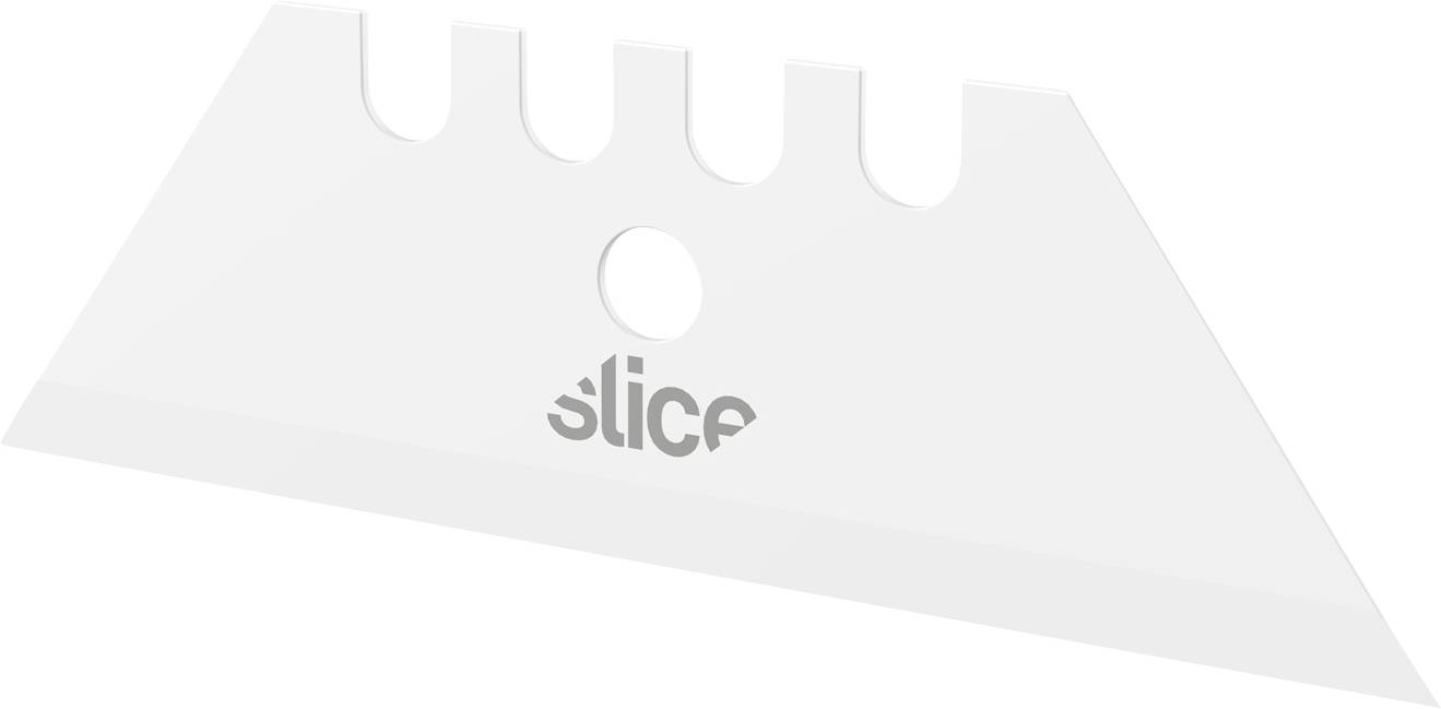 Une lame blanche, triangulaire avec des pointes arrondies et un trou au centre. Le mot 'slice' est imprimé sur la lame.