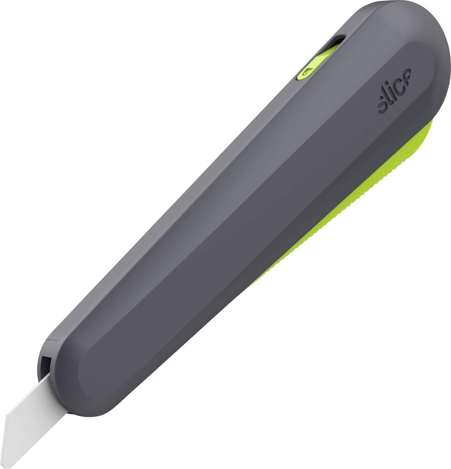 Coupe-lame de sécurité ergonomique avec boîtier gris et pointe arrondie, adapté pour couper en toute sécurité différents matériaux.