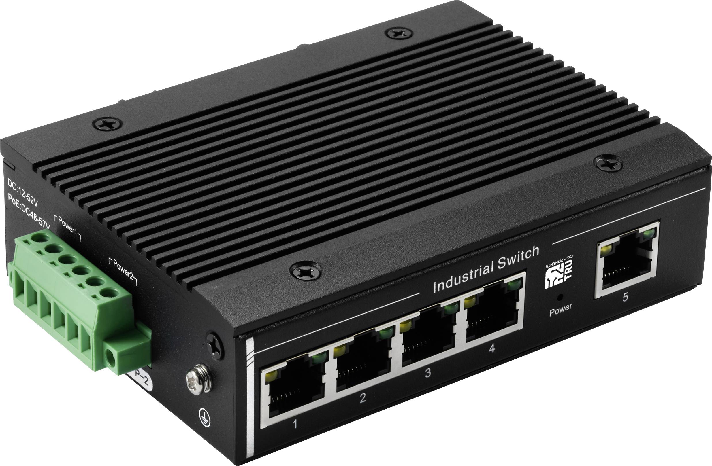 Un commutateur réseau industriel avec cinq ports Ethernet et une connexion d'alimentation verte, destiné à la mise en réseau dans les environnements industriels.