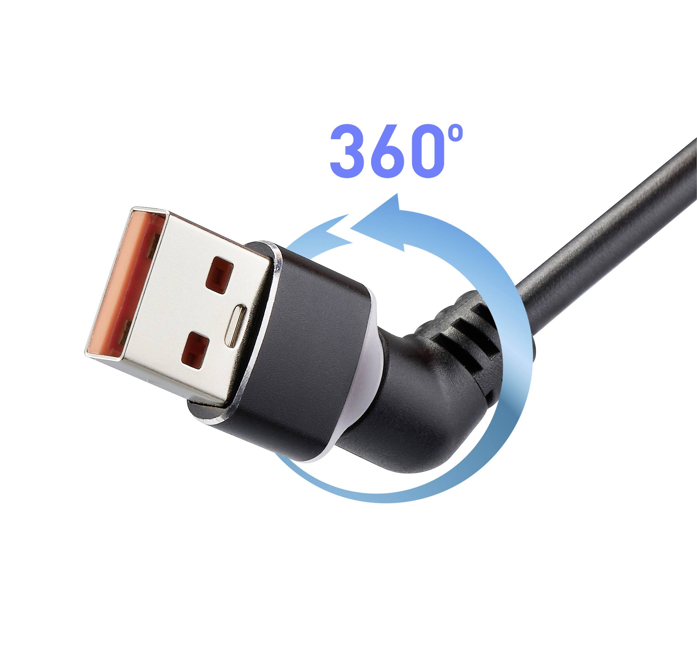 Câble USB avec connecteur pivotant à 360 degrés pour une connexion articulée.
