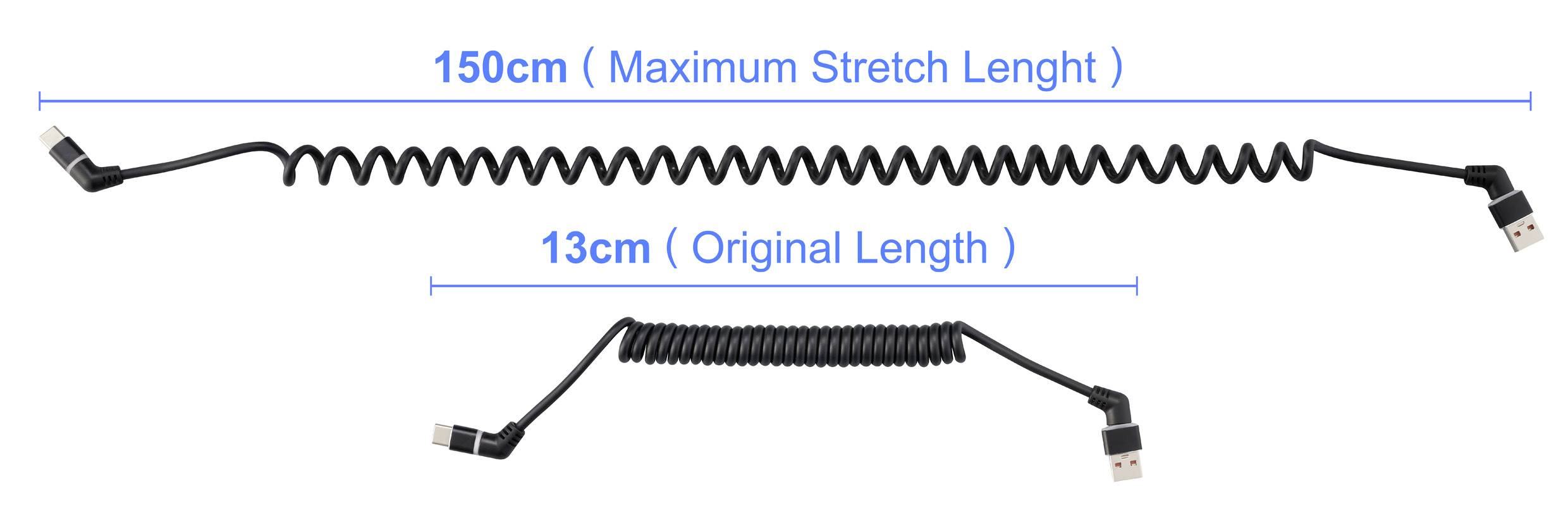 L'image montre un câble USB torsadé. En haut, il est étiré jusqu'à 150 cm, en bas dans sa taille originale de 13 cm.