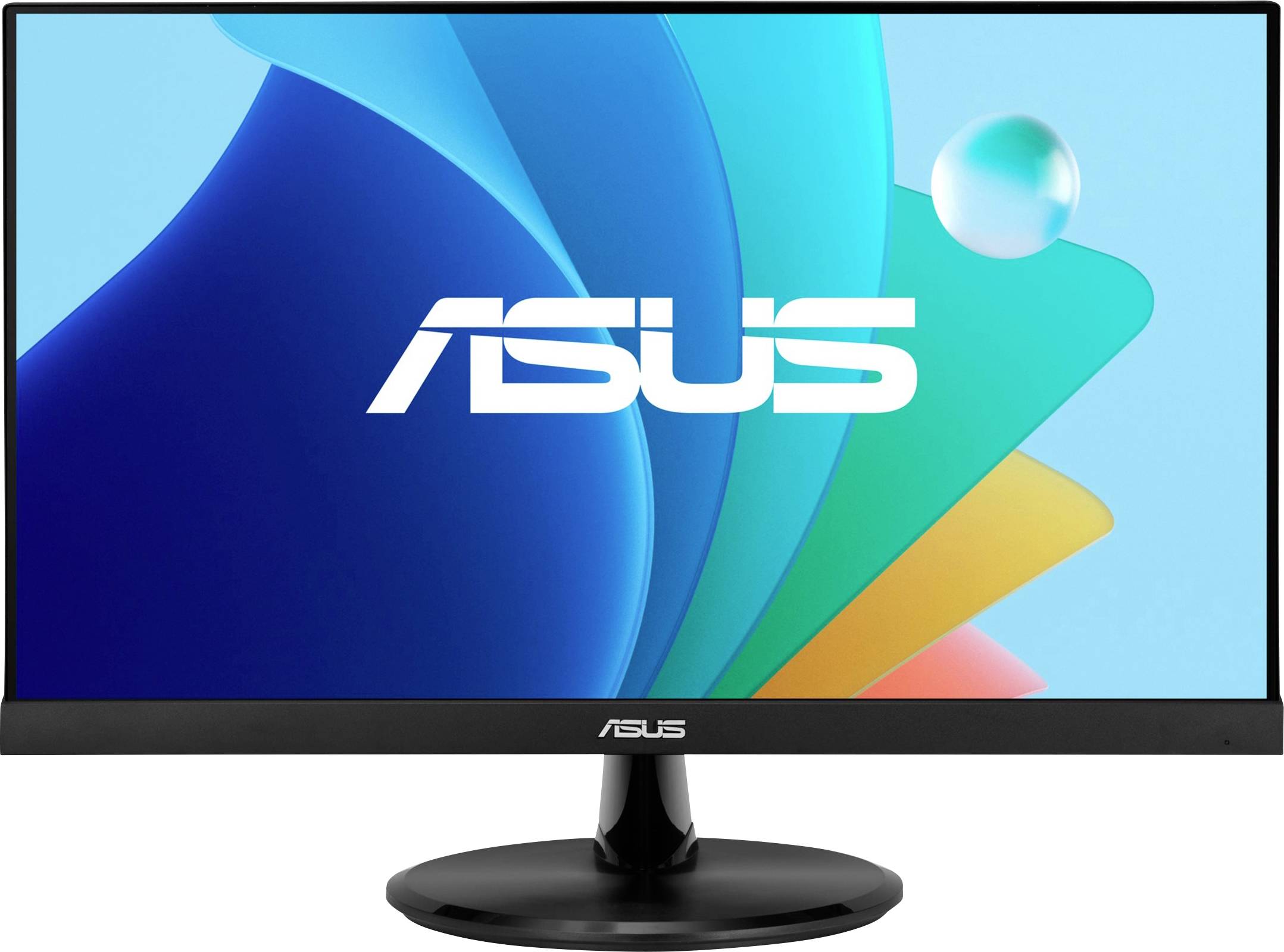 Grand écran d'un moniteur ASUS, allumé avec le logo ASUS au centre, sur un fond abstrait coloré.