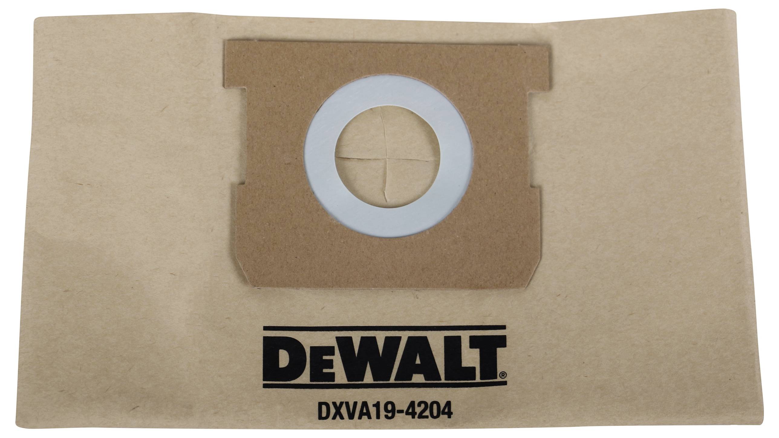 Sacs d'aspirateur DeWalt, numéro de modèle DXVA19-4204, en papier brun avec une valve en plastique bleue au centre.