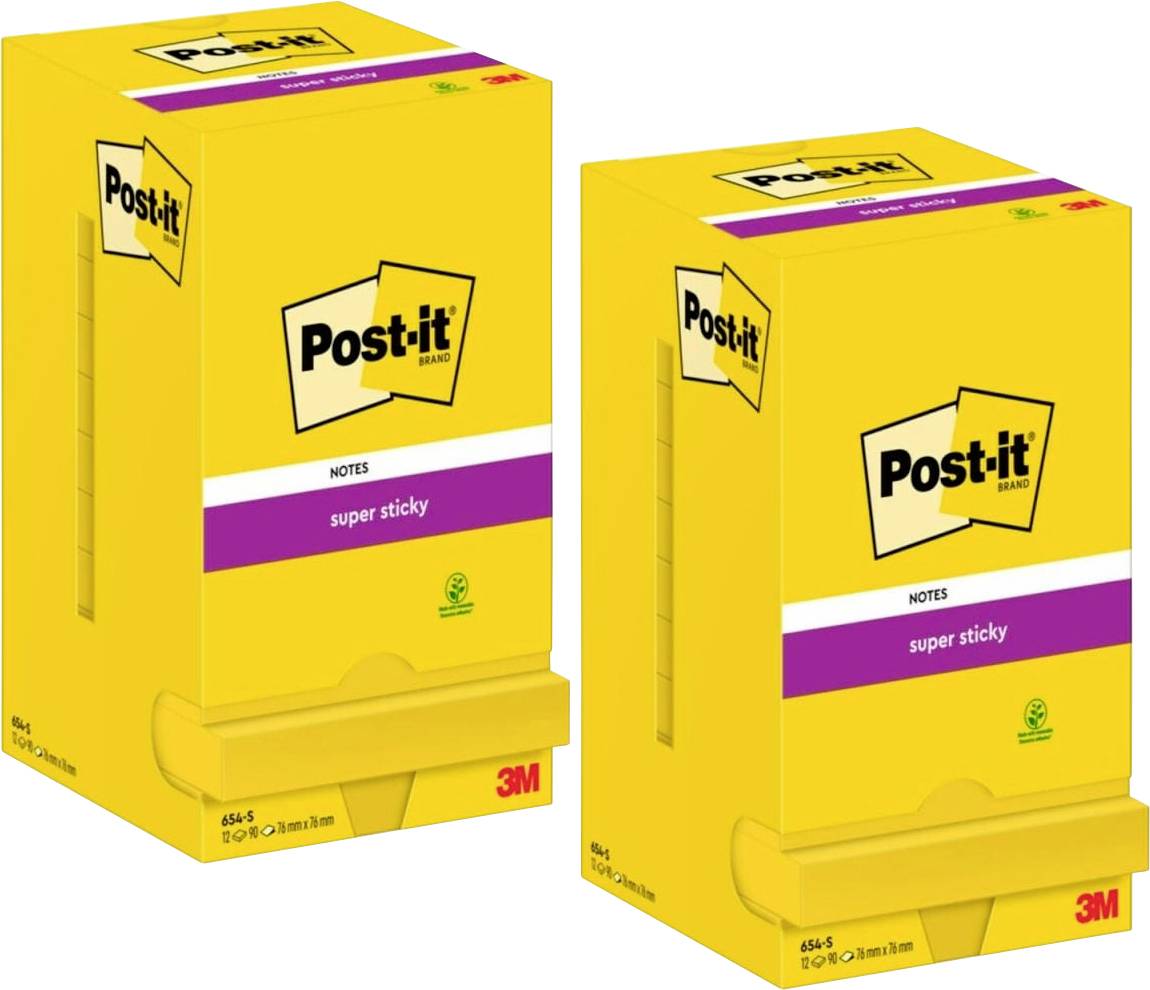 Deux distributeurs de notes adhésives 3M Post-it super sticky jaunes avec une étiquette violette 'Notes'. Adaptés pour l'organisation de notes dans les bureaux.
