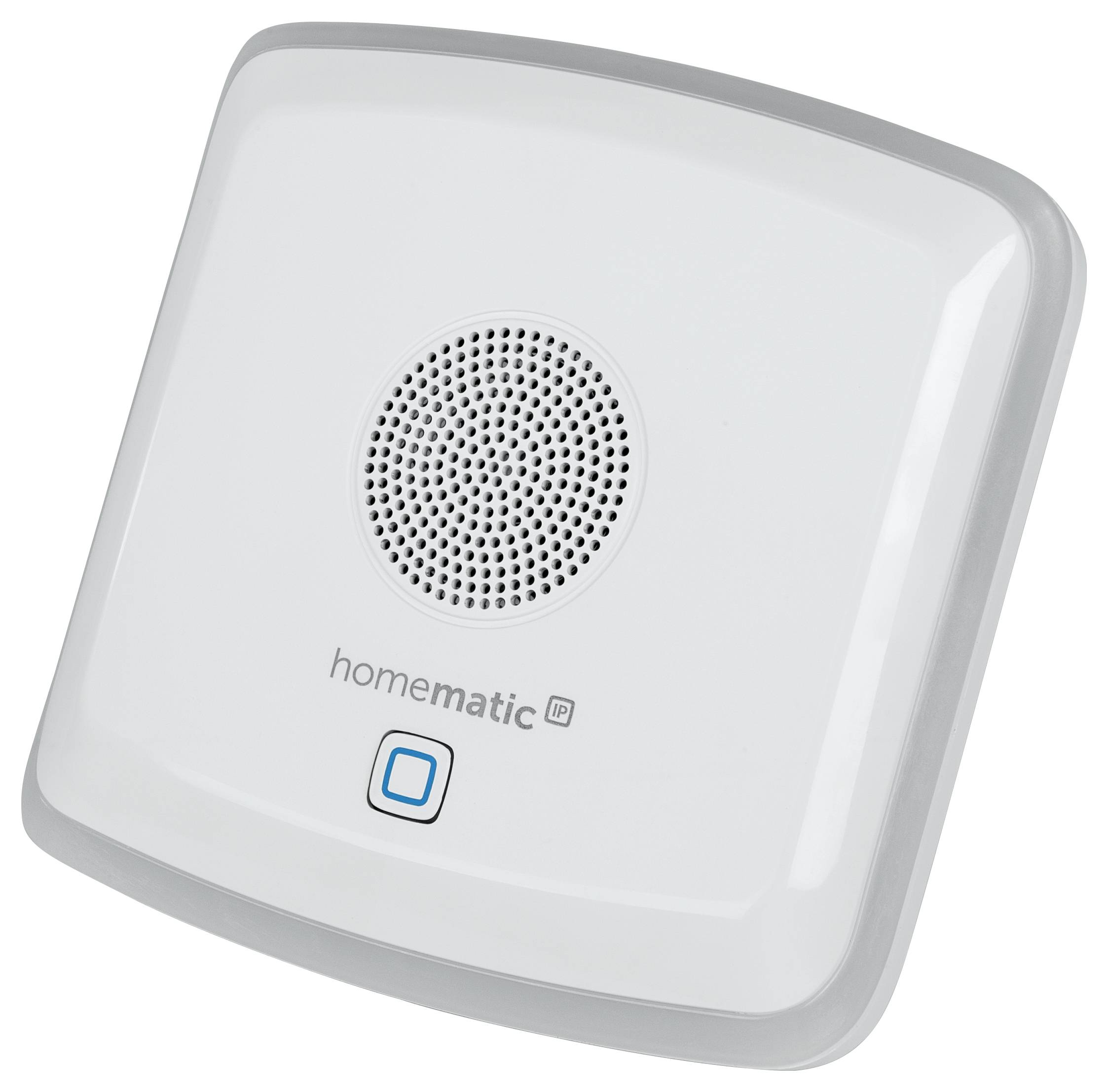 Un détecteur de fumée intelligent blanc avec une grille de ventilation ronde au centre et un bouton en bas.