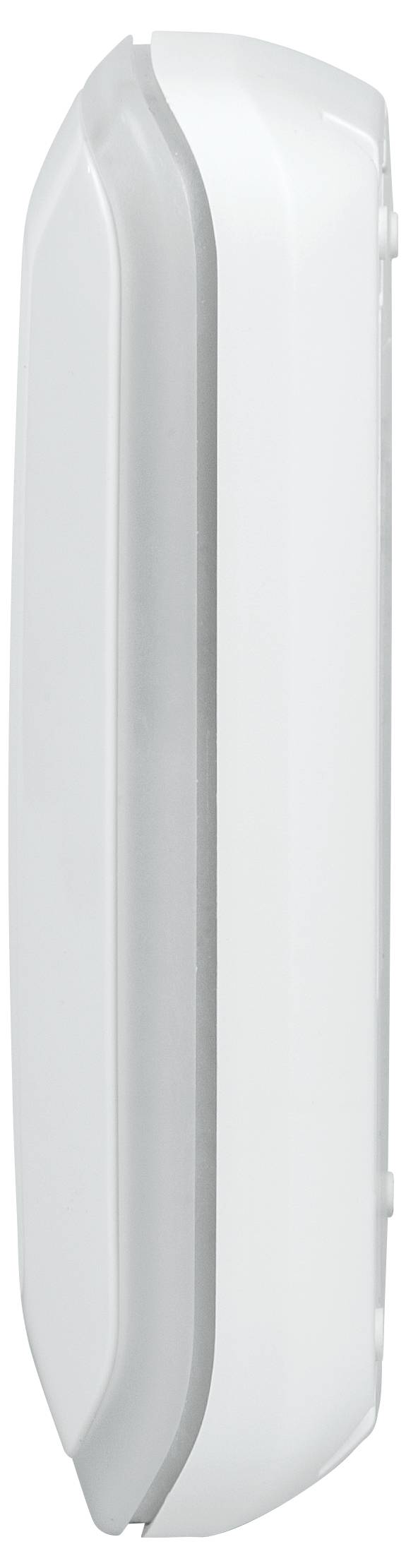 Un dispositif étroit, blanc et allongé, probablement un boîtier électronique ou une barre lumineuse, représenté de côté.