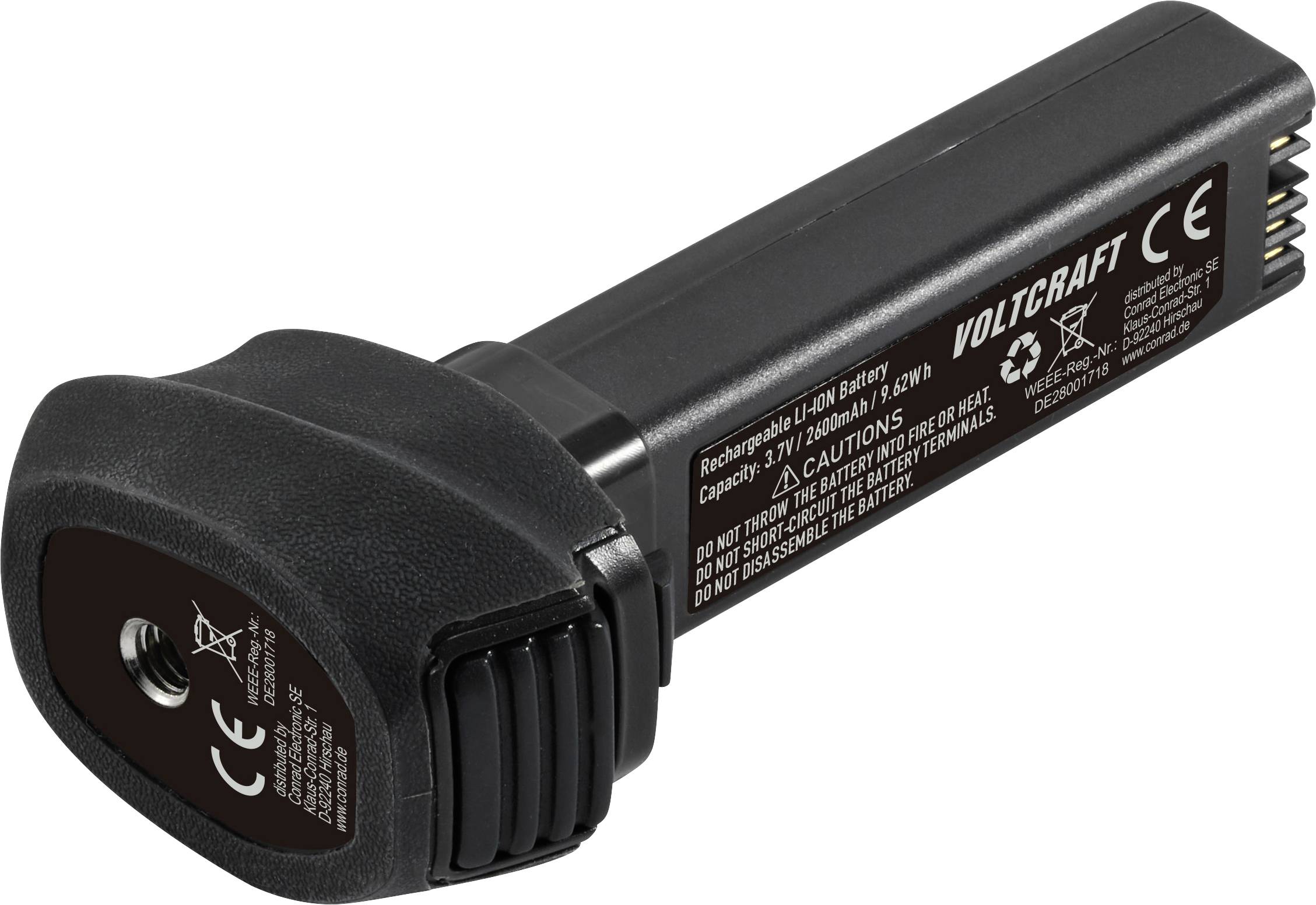 Batterie Li-ion rechargeable de Voltcraft, 3,7V, 4400mAh. Étiquette avec avertissements de sécurité et marquage CE.