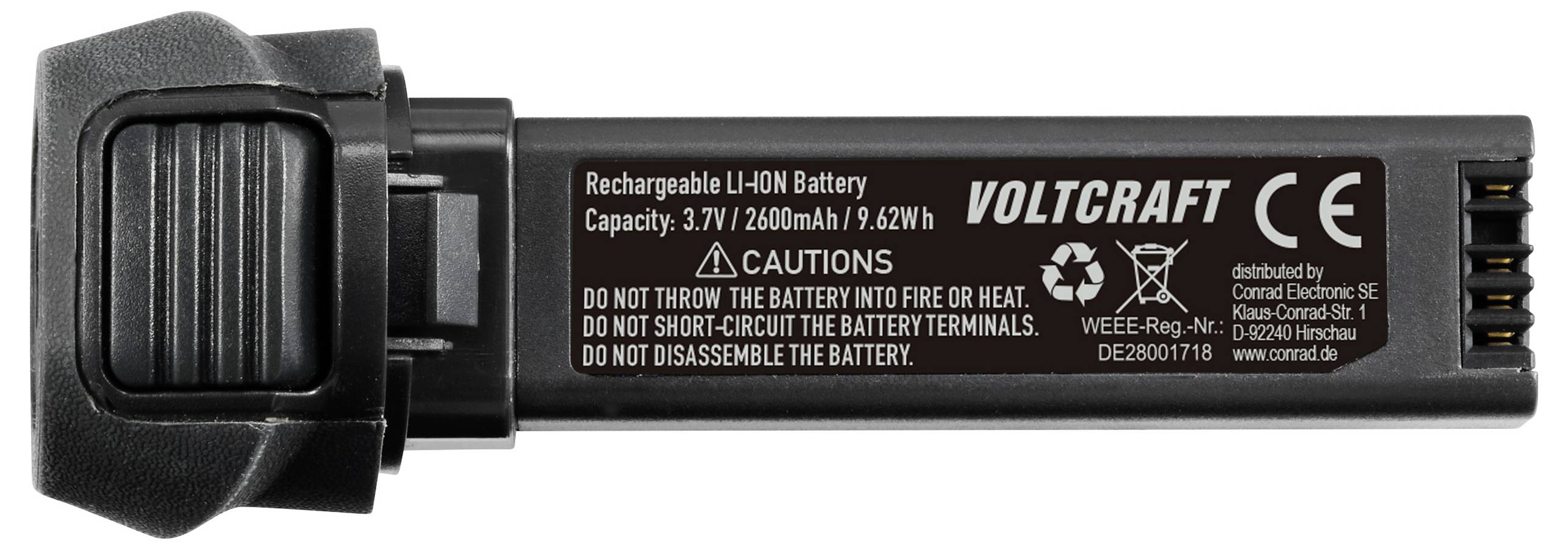 Une batterie lithium-ion rechargeable de Voltcraft avec une capacité de 3,7V/2600mAh. Respecter les avertissements sur l'emballage.