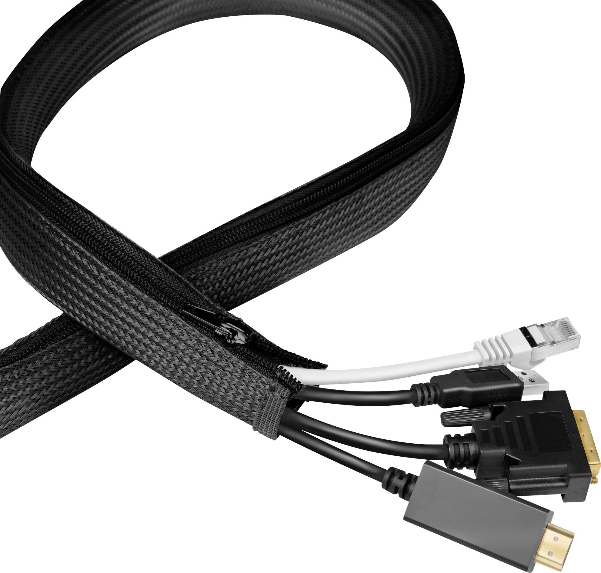 Un chemin de câbles noir qui regroupe plusieurs câbles, notamment des câbles HDMI et Ethernet, pour une gestion des câbles bien organisée.