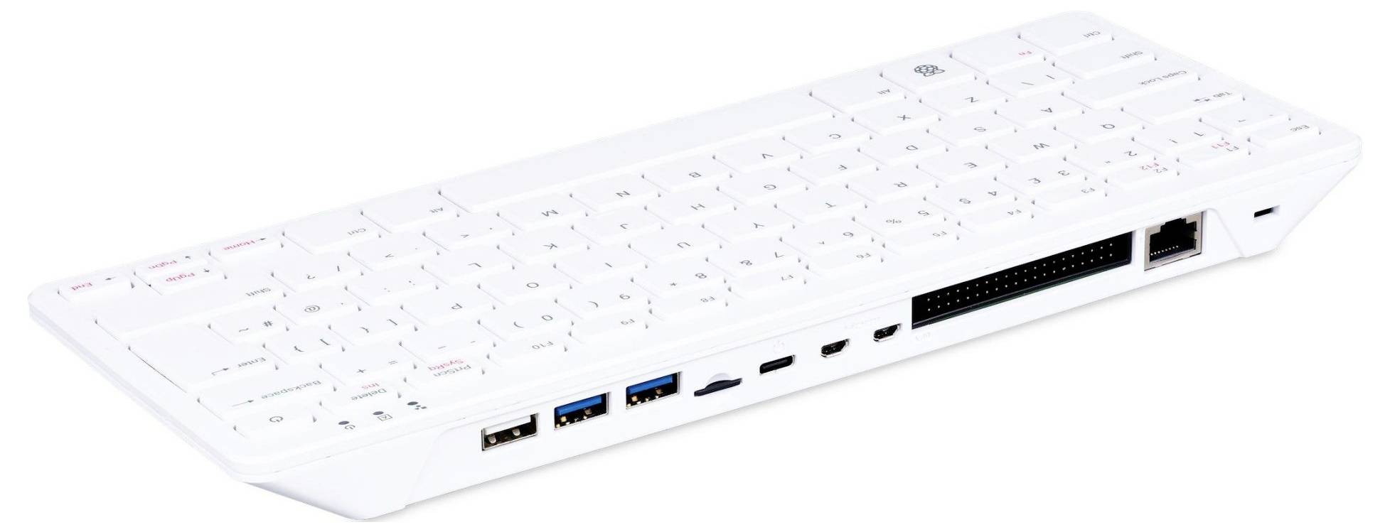 Unité de clavier blanche avec microordinateur intégré, plusieurs ports USB, HDMI ainsi que port Ethernet, adaptée à la modularité.
