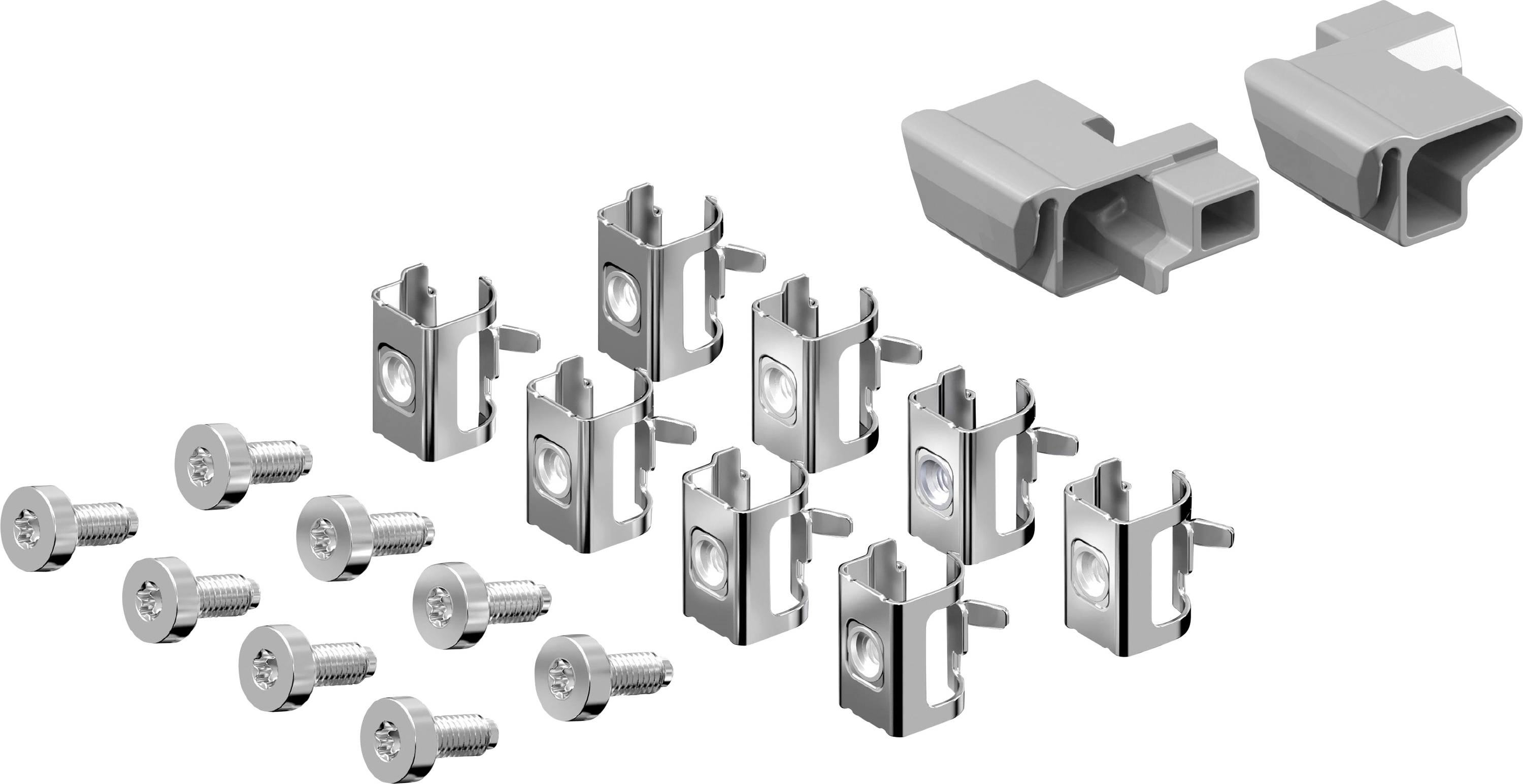 Différentes vis en argent et pièces de montage métalliques ainsi que des capots en plastique gris, probablement destinés à un assemblage ou une installation.