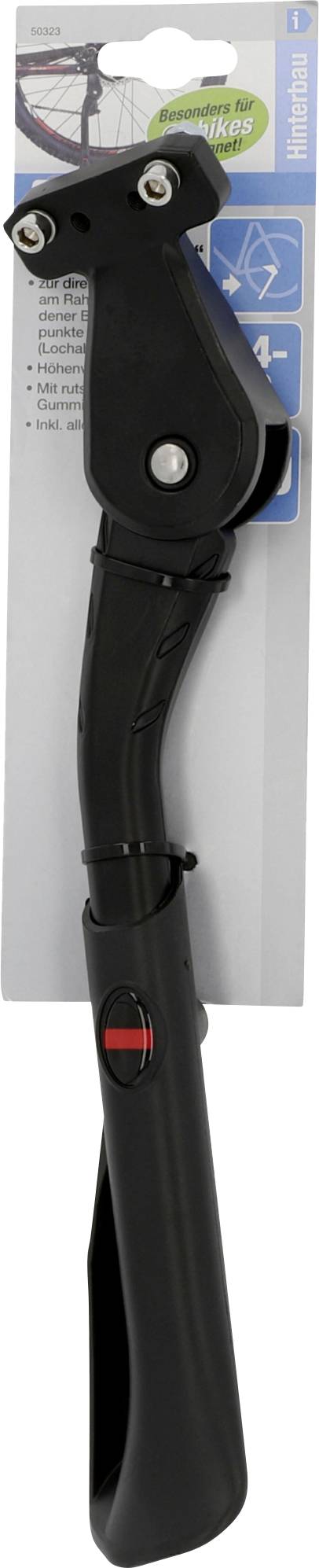 Support de vélo noir en métal présenté sur un emballage en carton. Un dessin de vélo et des symboles sont affichés en haut de l'emballage.
