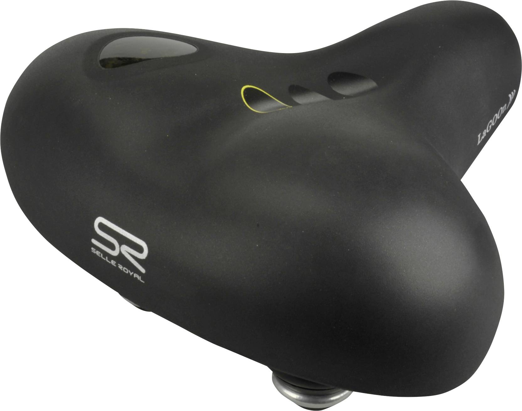 Un selle de vélo noir de Selle Royal au design ergonomique, adapté pour un cyclisme confortable.
