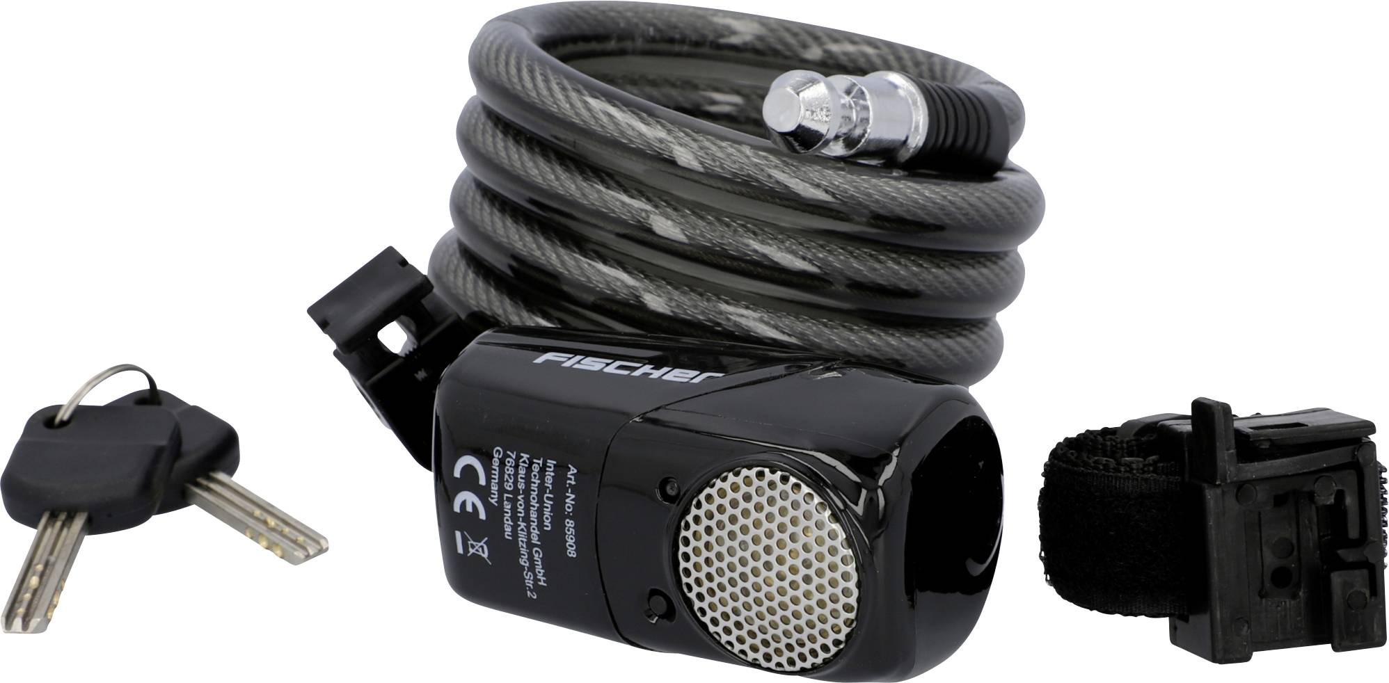 Cadenas à câble avec boîtier noir, deux clés et sangle de fixation.
