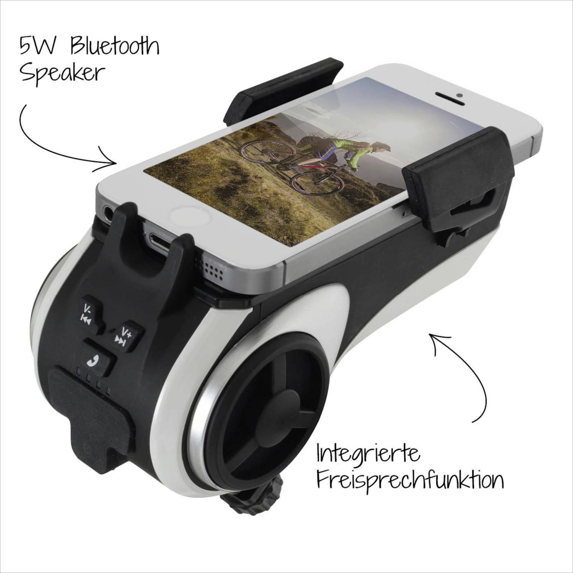 Support de smartphone avec enceinte Bluetooth intégrée de 5W et fonction mains libres, fixé sur un guidon de vélo.