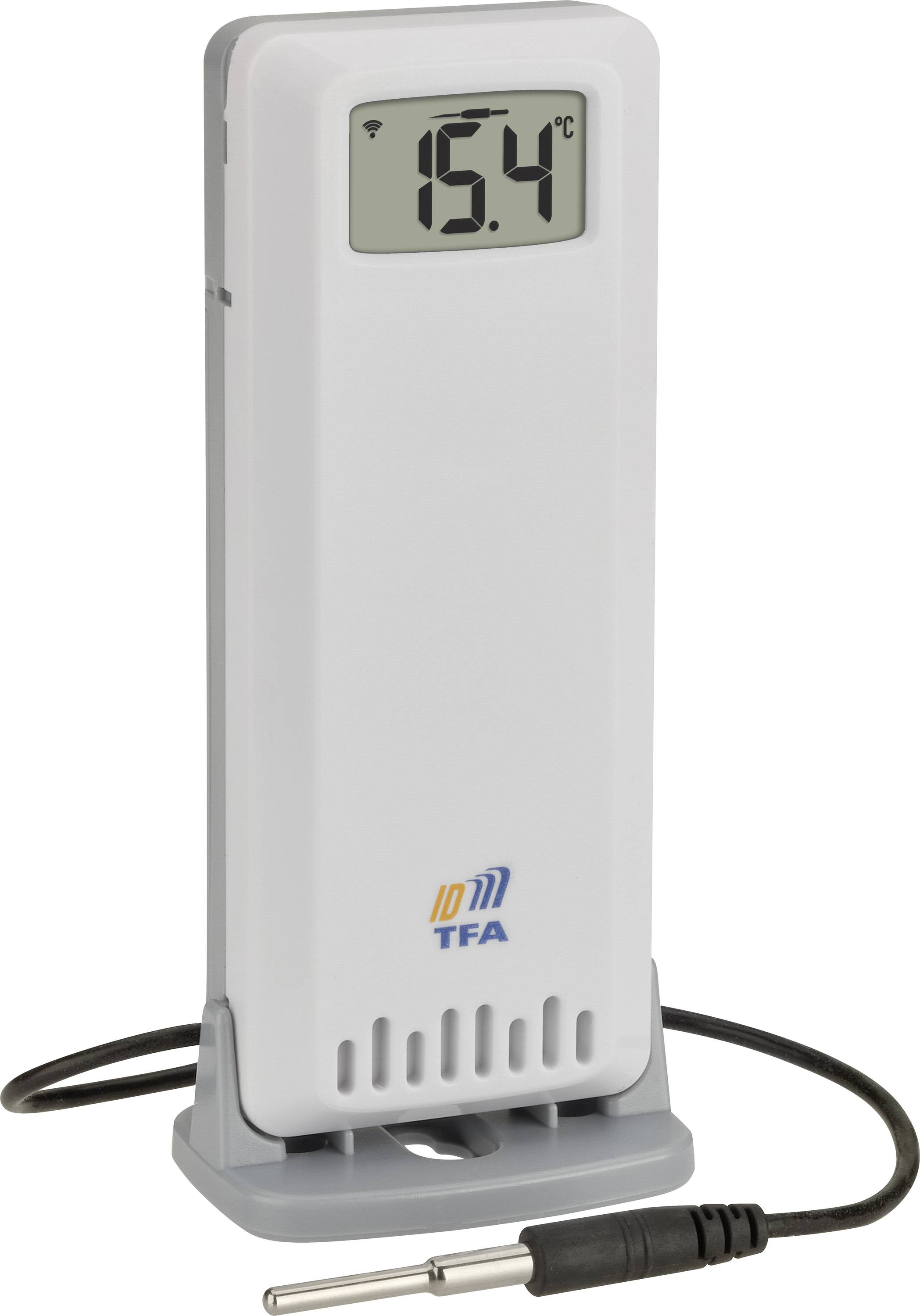 Un thermomètre numérique affiche une température de 15,4°C. Il possède un support gris et un capteur de température connecté.