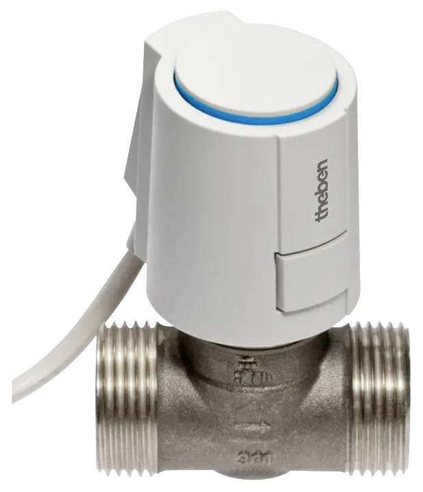 Vanne thermostatique avec boîtier blanc, anneau bleu en haut, marque 'theben', montée sur un tube métallique fileté.