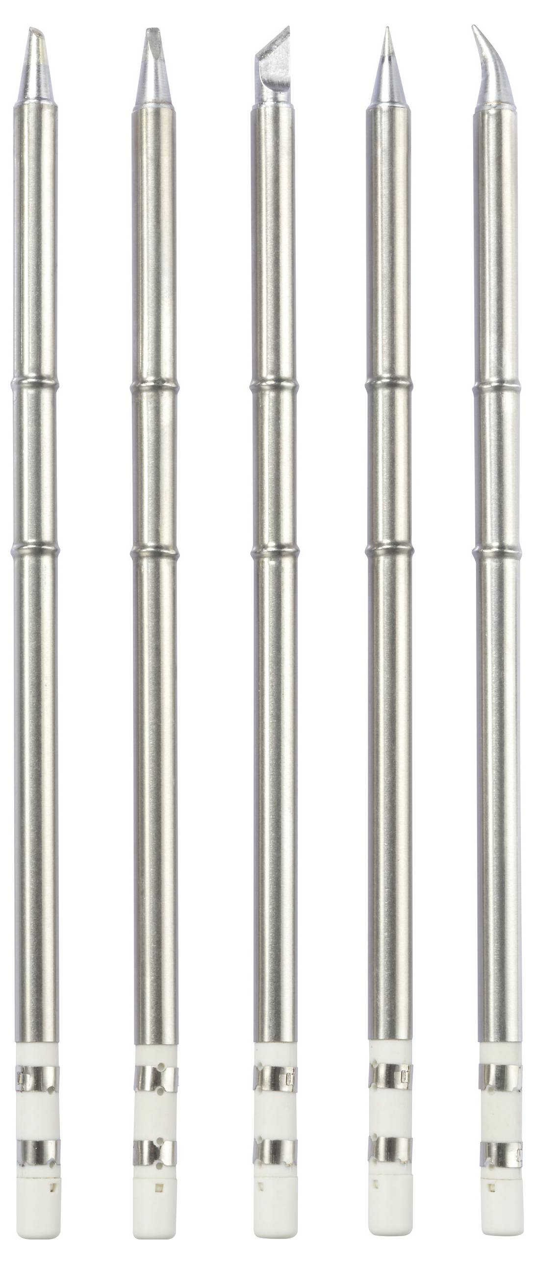 Cinq stylos métalliques avec des pointes de formes différentes, alignés côte à côte. Utilisation : appareils électroniques ou travaux de précision.