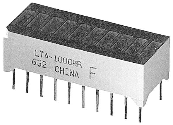 Un composant électronique portant l'inscription 'LTA-1000HR 632 CHINA F' avec plusieurs broches métalliques, probablement un module d'affichage à LED.