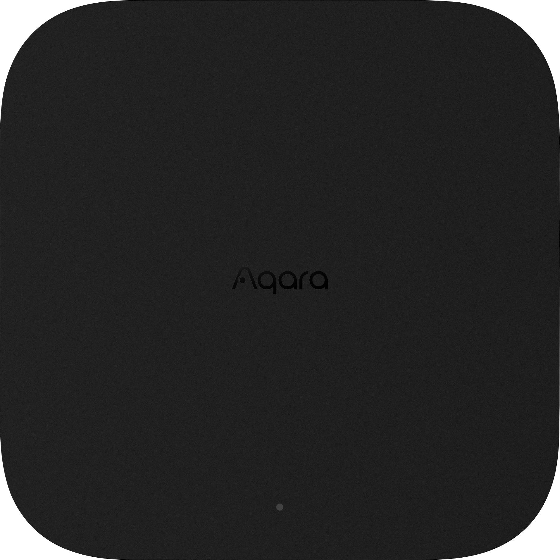 Un hub domotique intelligent noir et carré avec le logo 'Aqara' au centre.