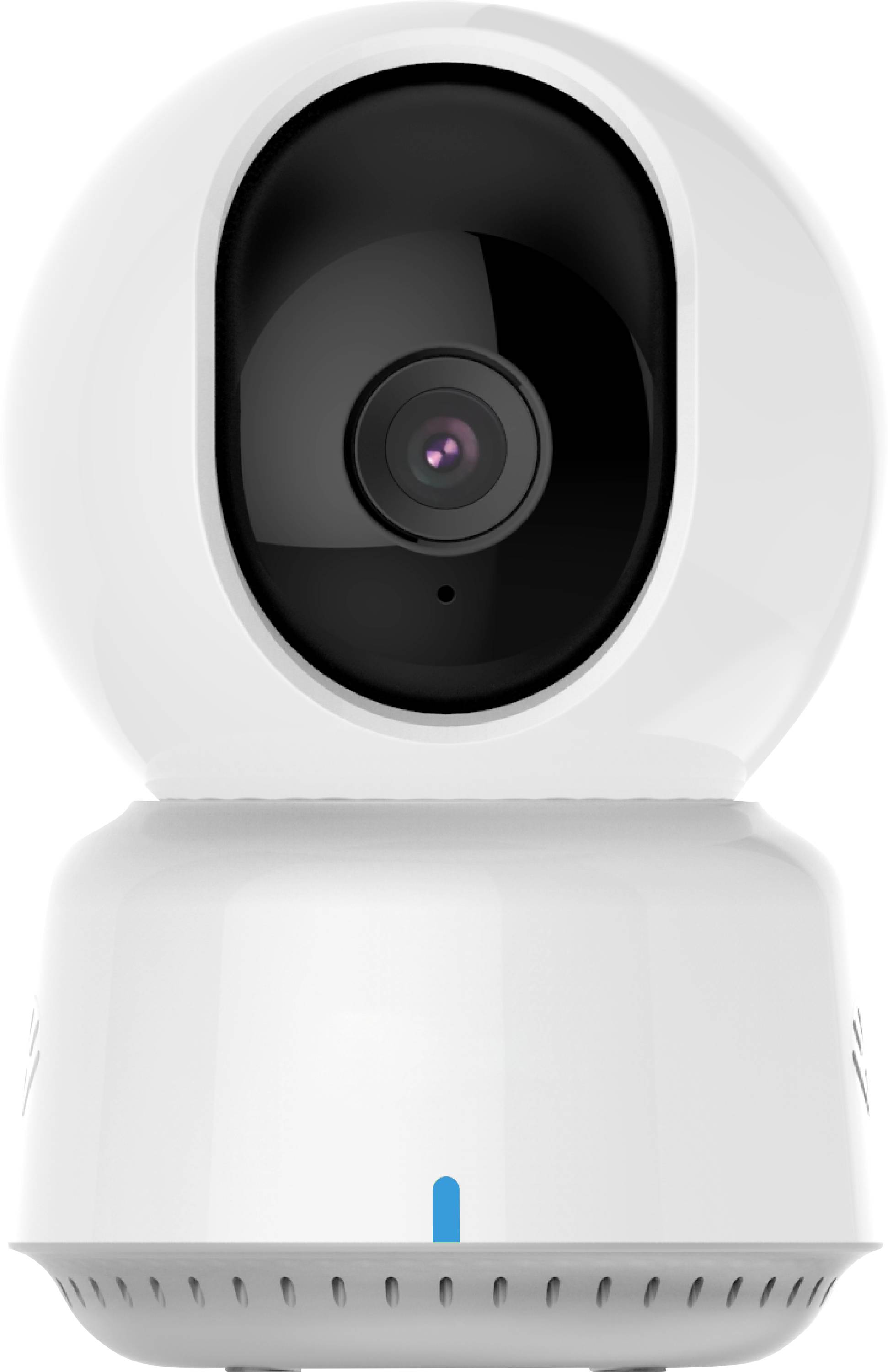 Caméra de surveillance blanche avec un objectif noir au centre, adaptée à une utilisation intérieure pour la sécurité et la surveillance.