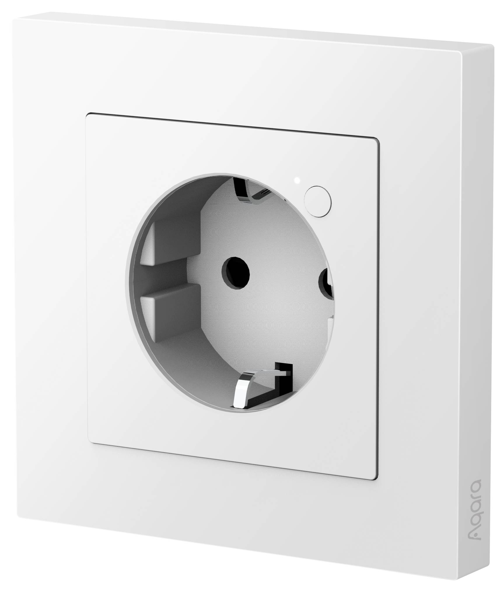 Prise intelligente blanche encastrable. Ouverture ronde pour fiche européenne, avec petit voyant lumineux LED et interrupteur. Design minimaliste.