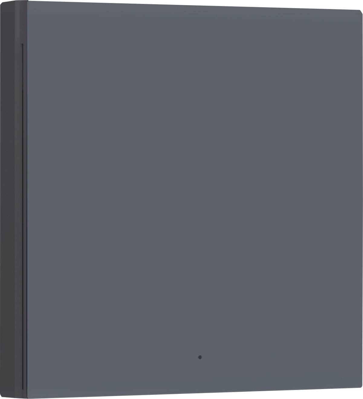 Une boîte métallique simple, gris foncé, carrée, à la surface lisse.