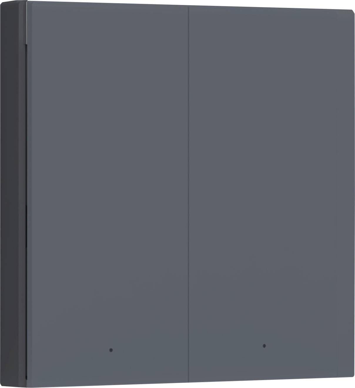 Armoire grise, rectangulaire, à deux portes, fermée. Design minimaliste, sans poignées ni ornements visibles.