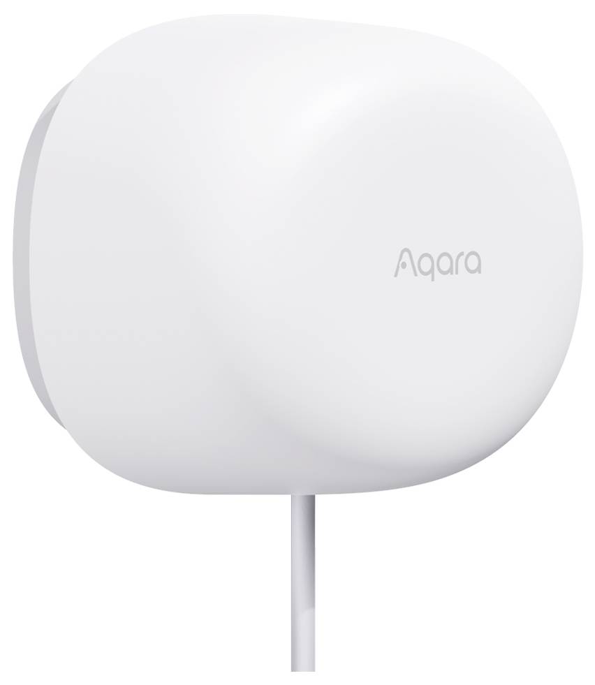 Capteur Aqara blanc et rond monté sur le mur, relié par un câble, servant à mesurer les facteurs environnementaux.