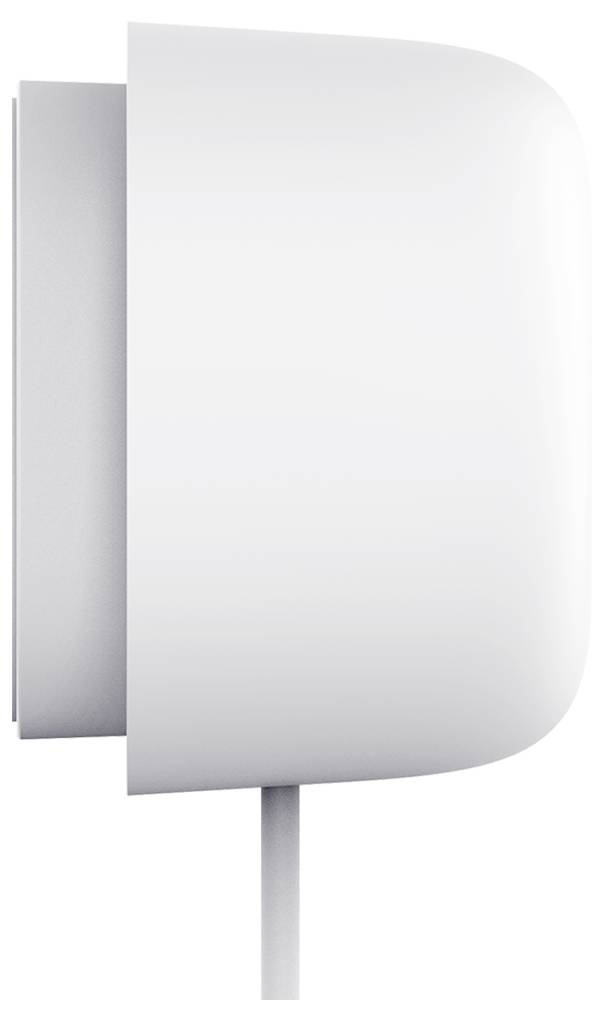 Vue latérale d'un thermostat mural moderne blanc aux bords arrondis avec un écran mis en évidence.