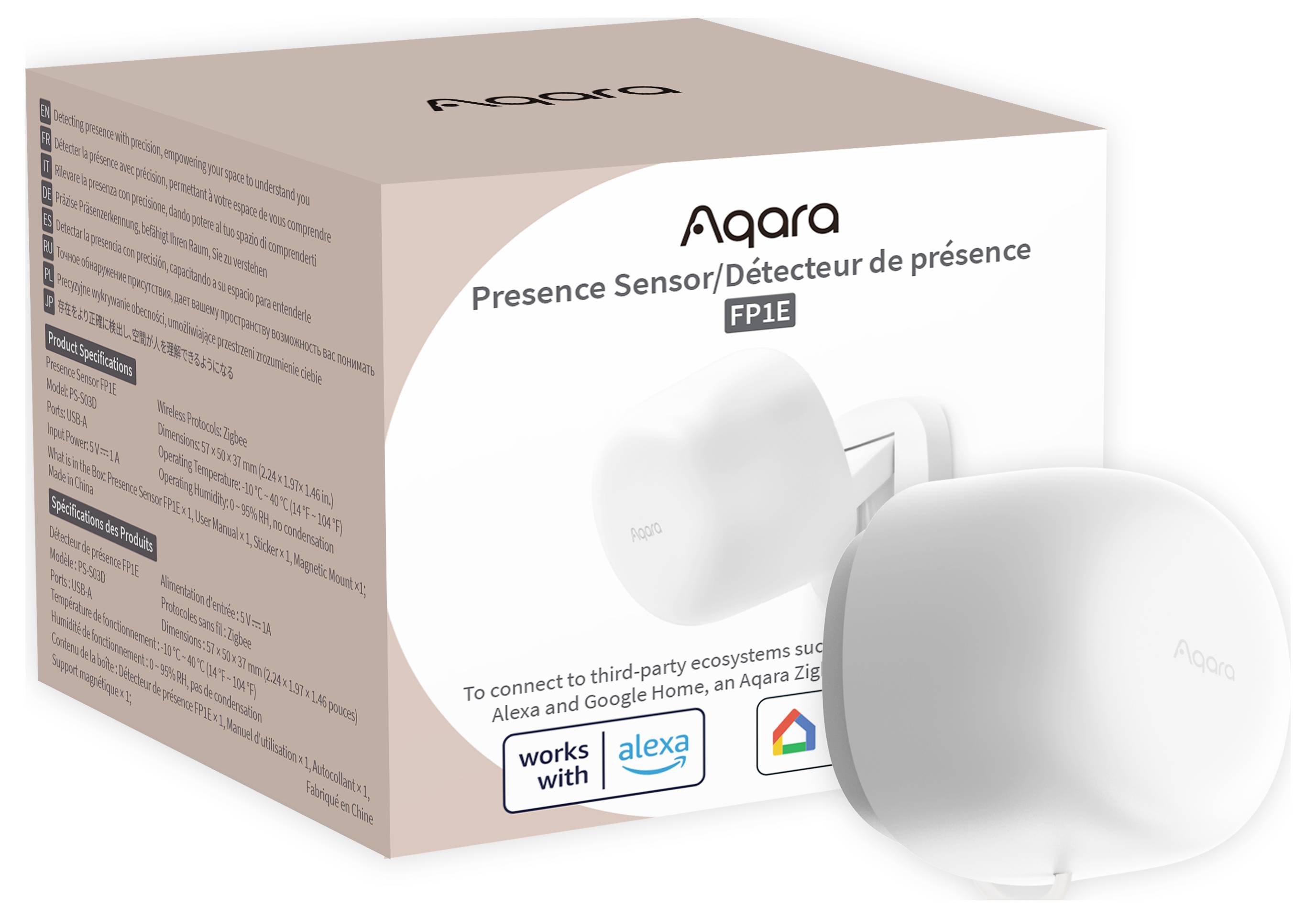 Capteur de présence Aqara FP1E en blanc, présenté devant son emballage. Compatible avec l'intégration Alexa et Google Home.