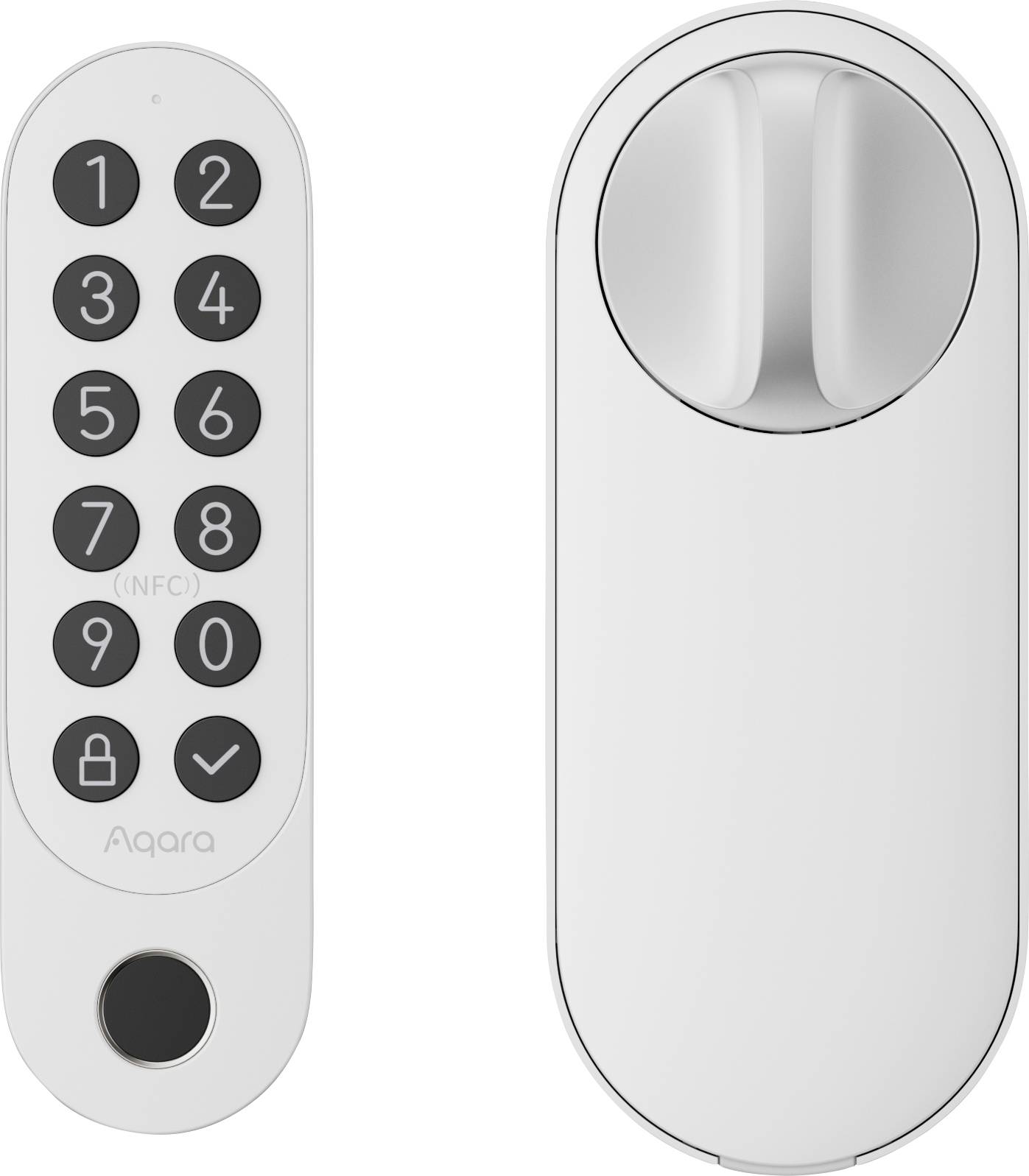 Serrure électronique avec clavier et technologie NFC ; présente un clavier numérique pour l'ouverture de la porte et un système de verrouillage ovale.