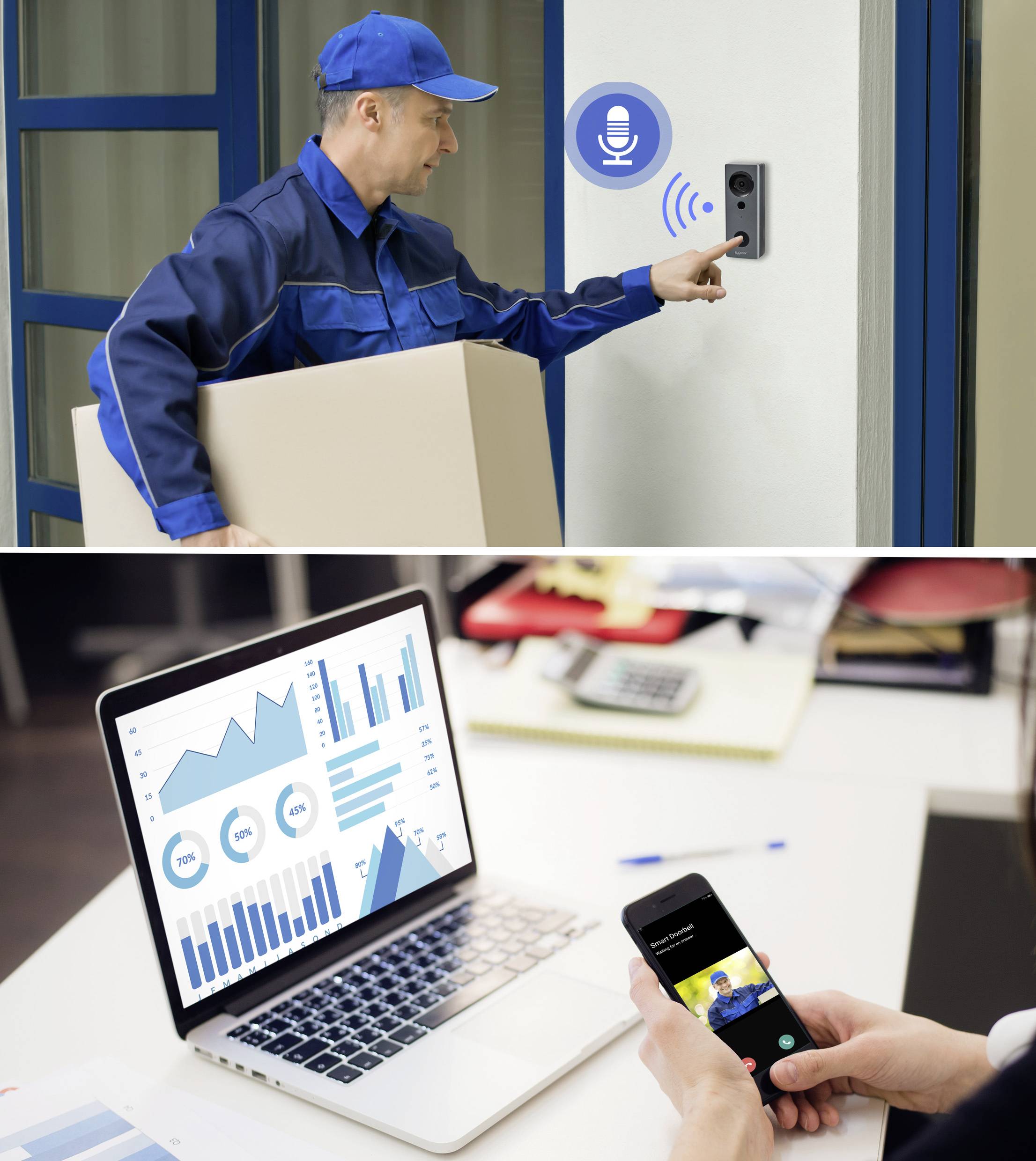 Un coursier en uniforme bleu sonne à la porte équipée d'un interphone vidéo. En dessous, un ordinateur portable affiche des diagrammes et un smartphone est tenu dans la main d'une personne.