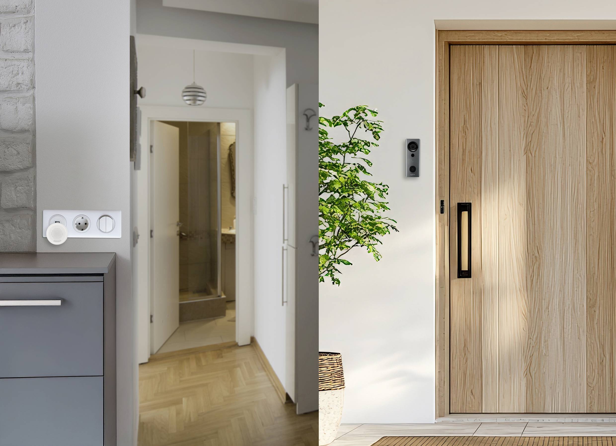 Un montage présente à gauche un couloir d'appartement avec une porte de salle de bain ouverte et à droite une porte d'entrée moderne en bois avec une sonnette.
