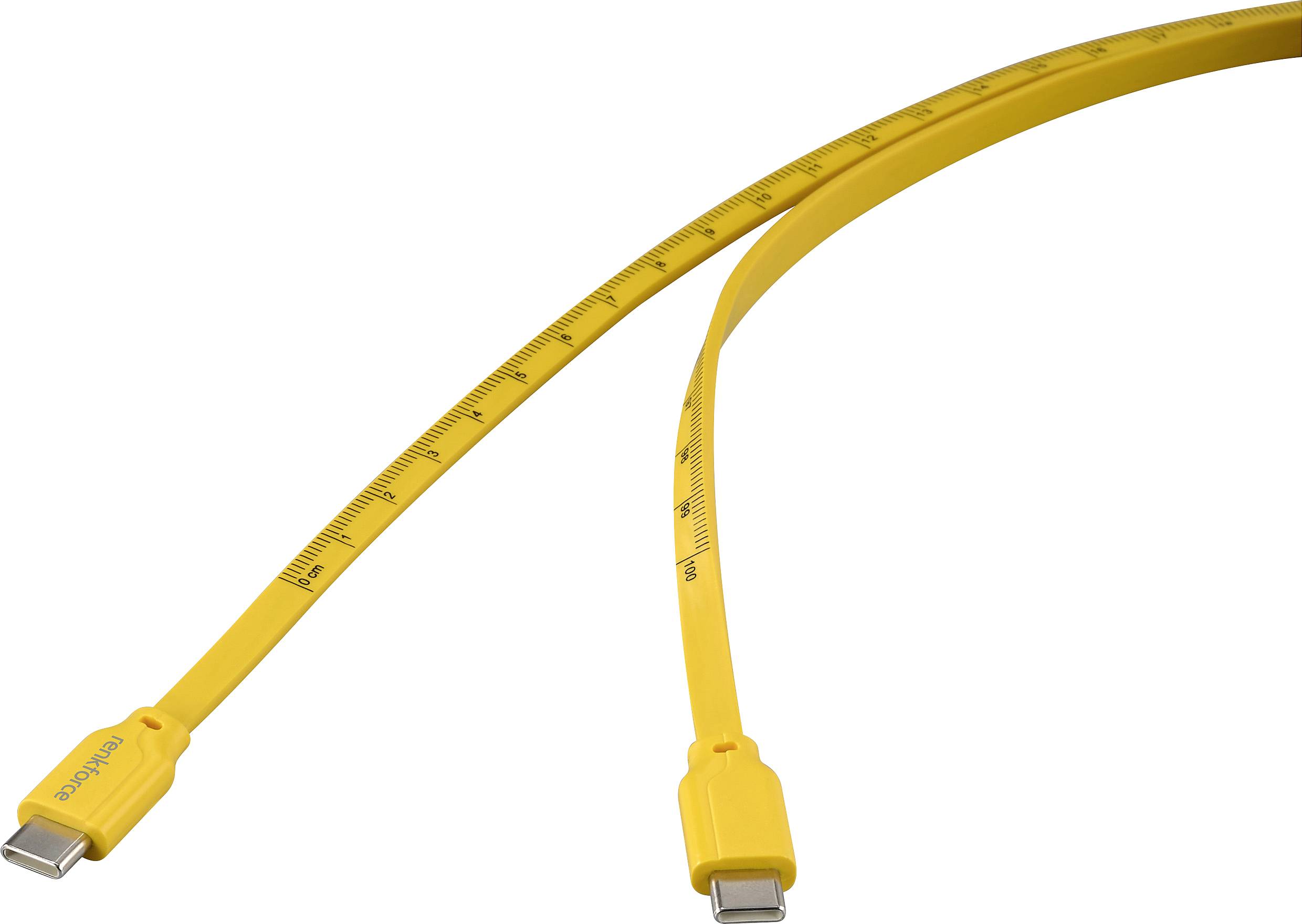 Câble USB jaune en forme de ruban à mesurer flexible, avec des divisions en centimètres marquées.