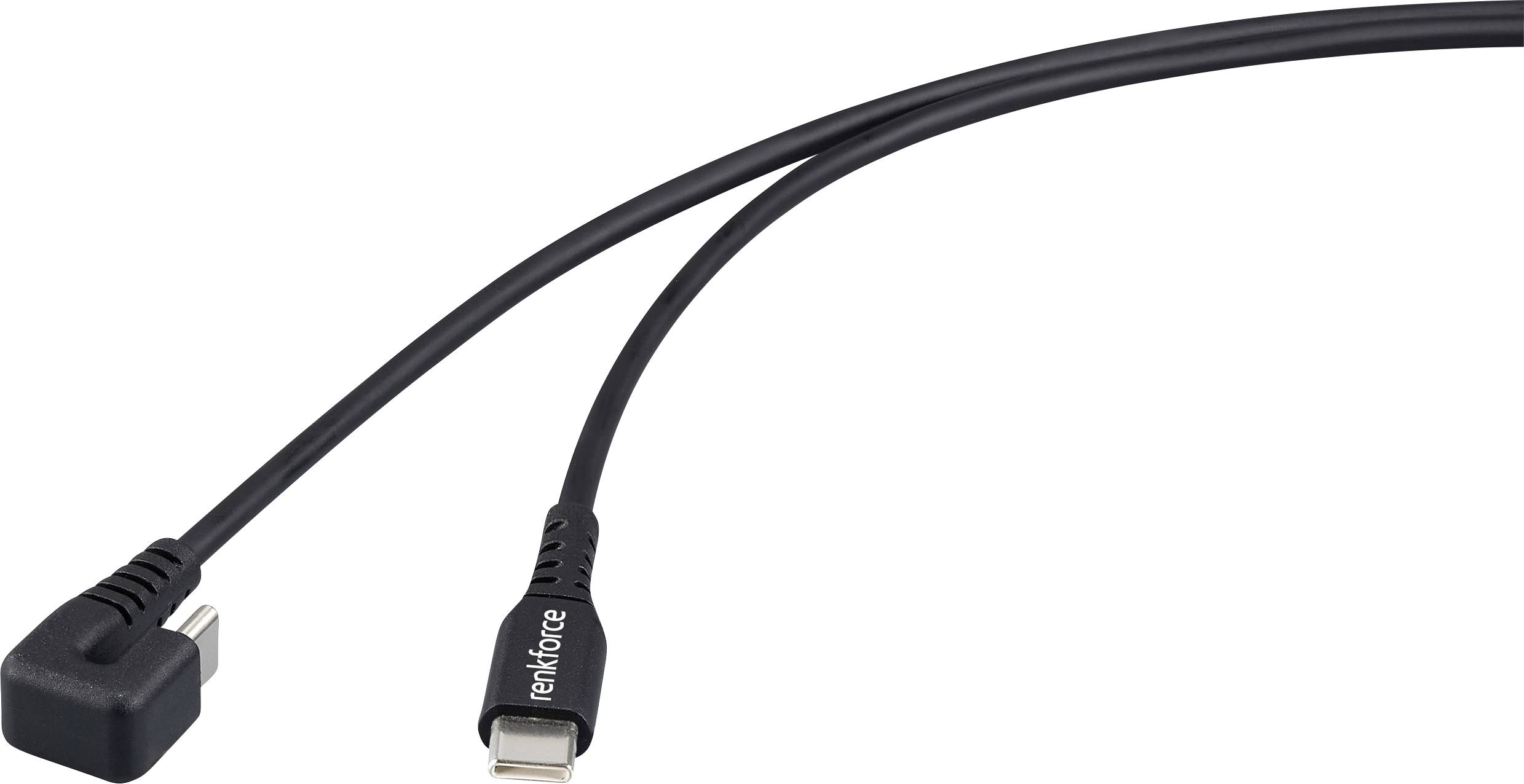 Un câble USB noir avec deux connecteurs différents : à gauche, un connecteur Micro-USB coudé et à droite, un connecteur USB-C.