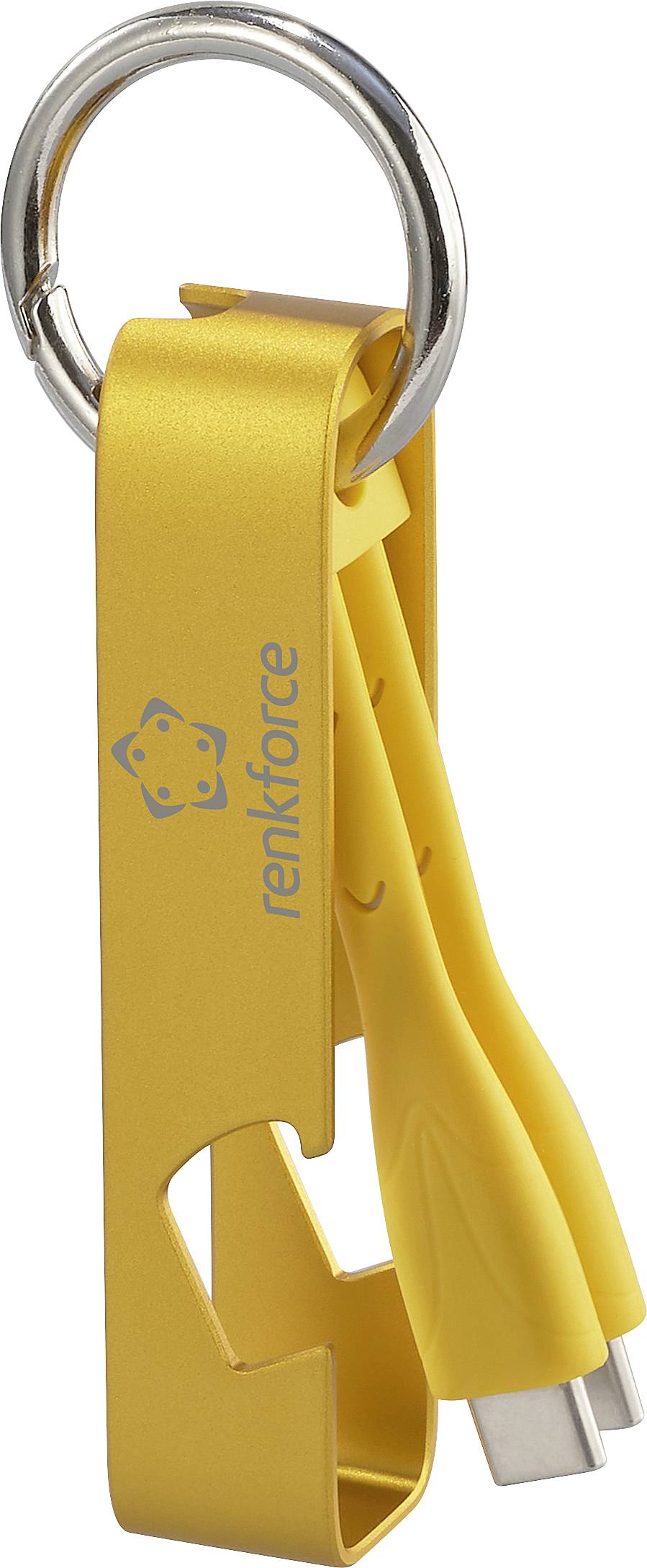 Un câble USB-C jaune et un décapsuleur en porte-clés de renkforce. Un outil multifonction pratique dans un format compact.